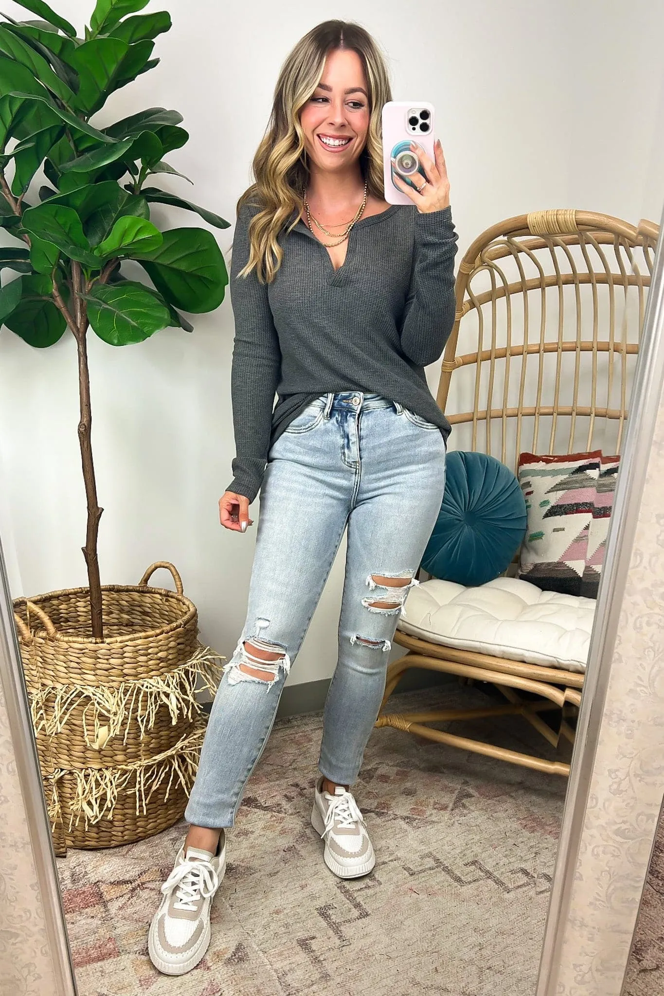 Sodaro Waffle Knit V-Neck Long Sleeve Top - BACK IN STOCK