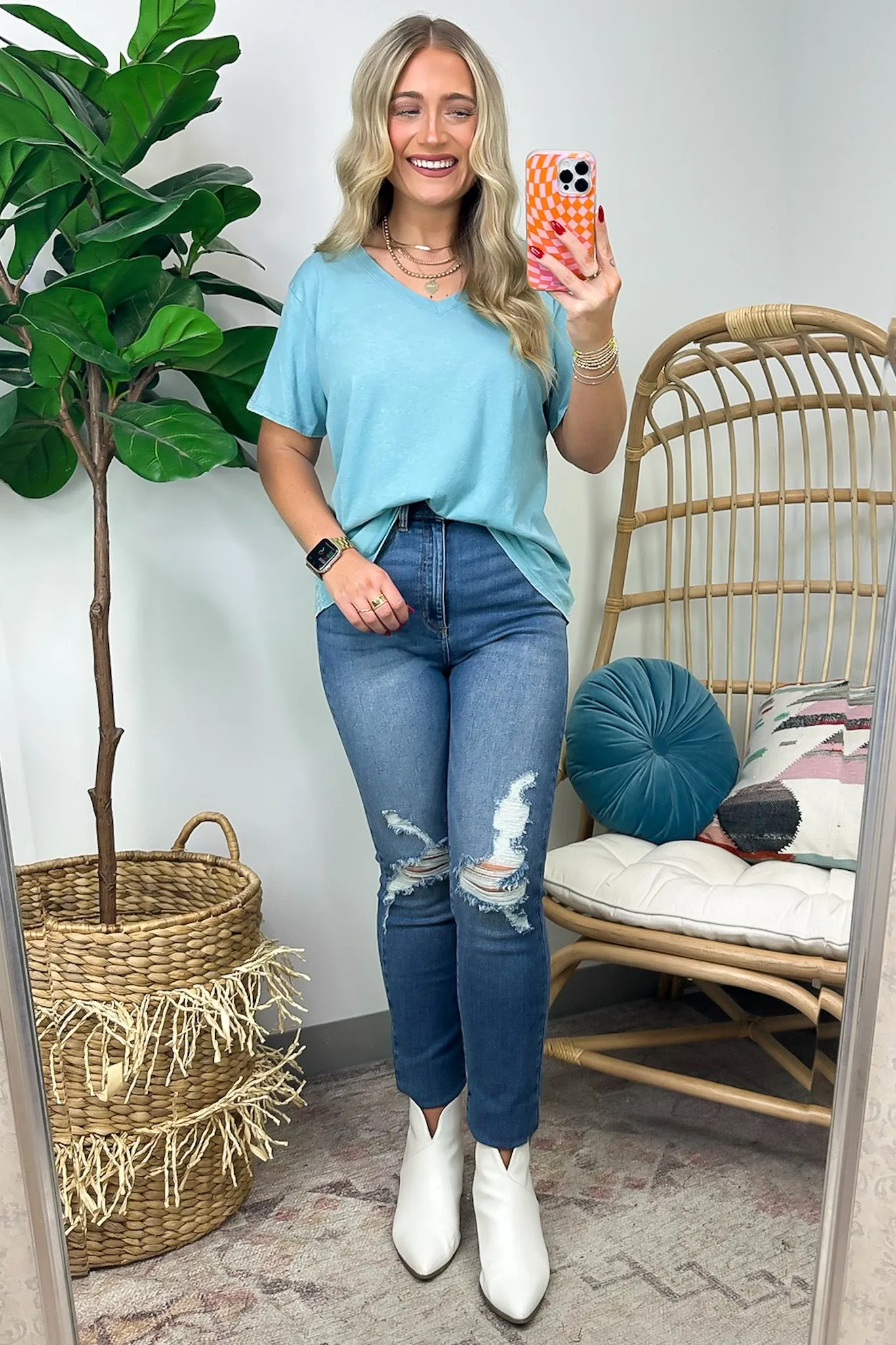 Soliel Acid Wash V-Neck Relaxed Fit Top - BACK IN STOCK