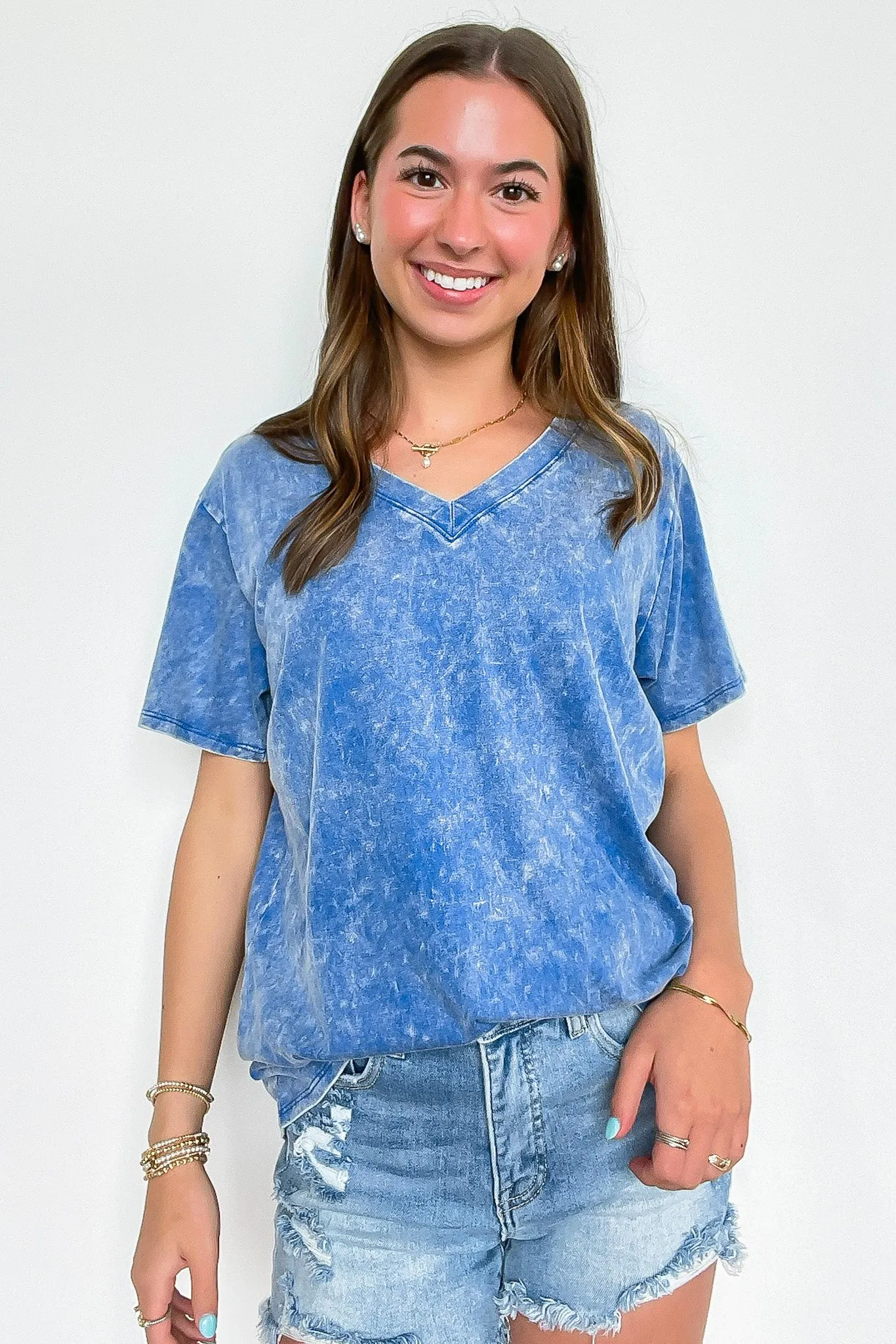 Soliel Acid Wash V-Neck Relaxed Fit Top - BACK IN STOCK