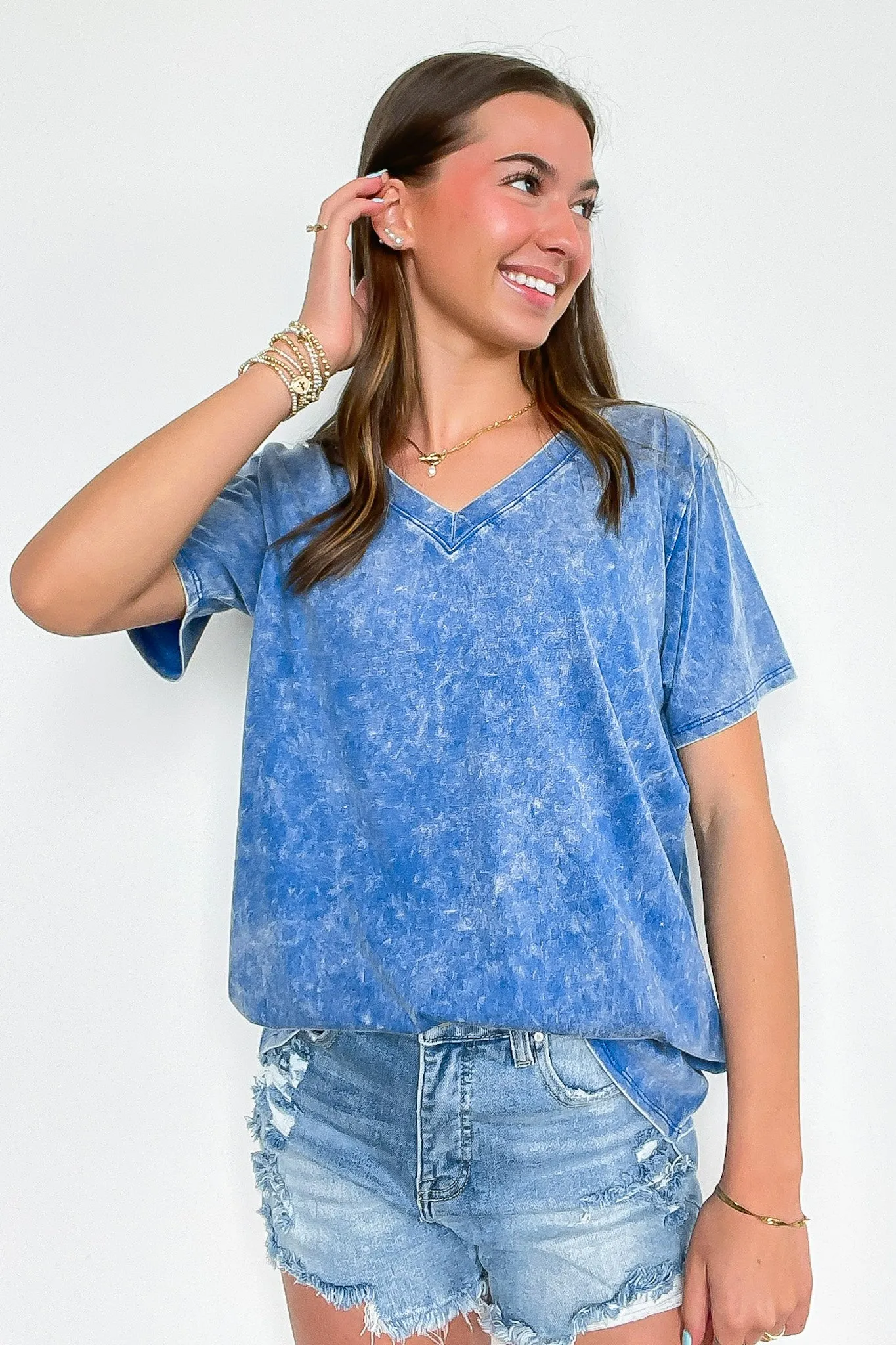 Soliel Acid Wash V-Neck Relaxed Fit Top - BACK IN STOCK