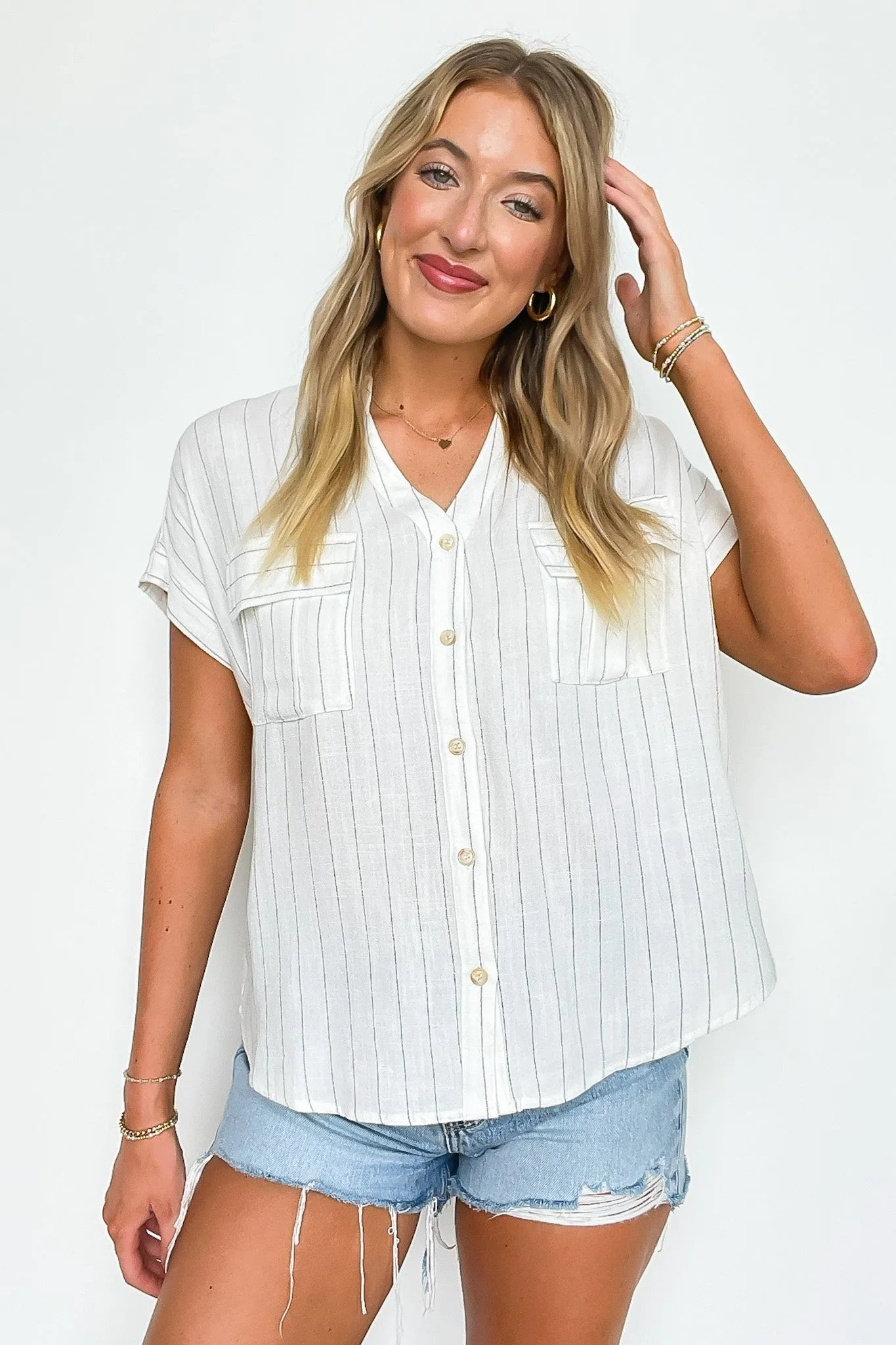 Sorry I'm Booked Pinstripe Dolman V-Neck Top