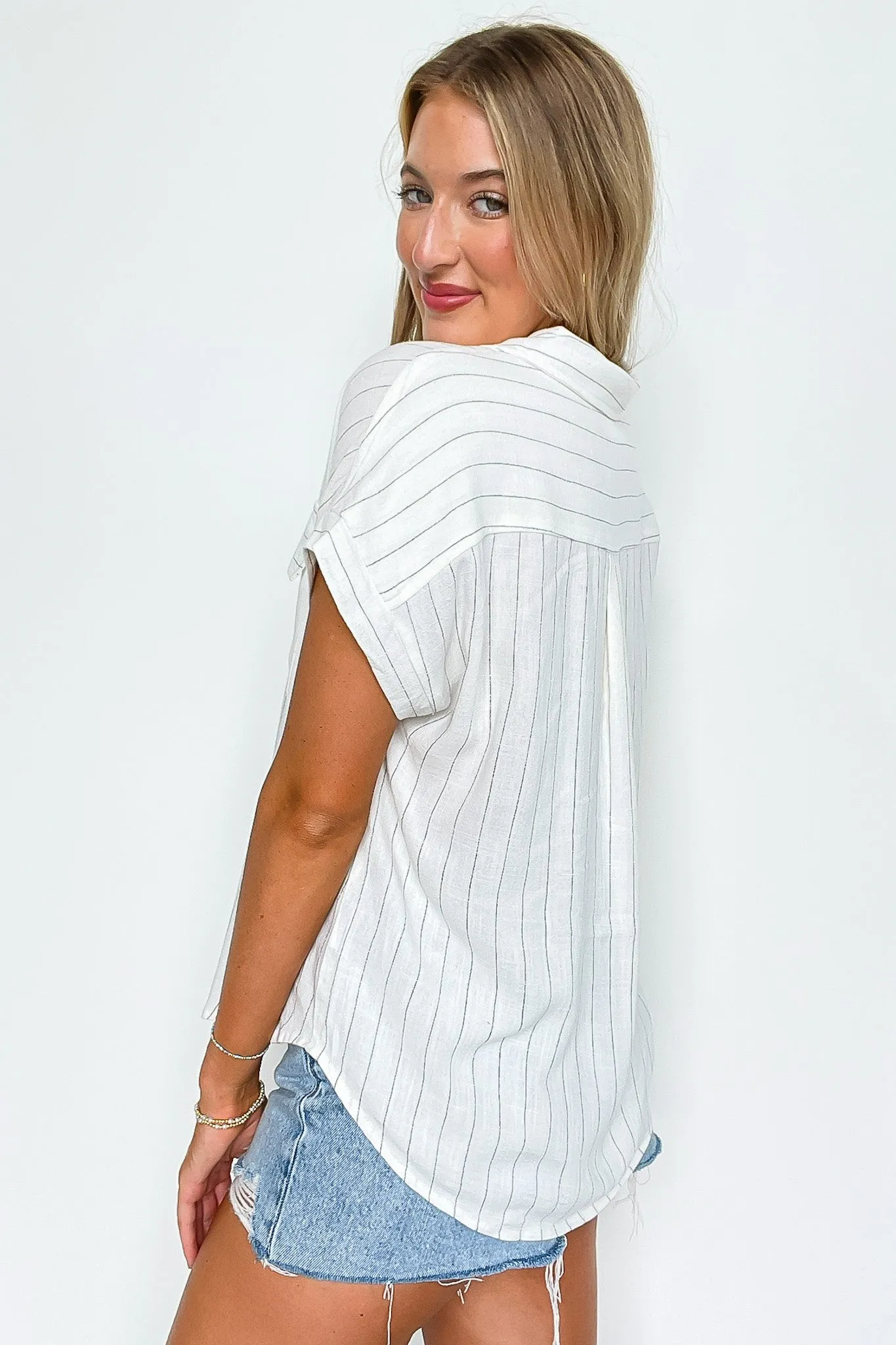 Sorry I'm Booked Pinstripe Dolman V-Neck Top