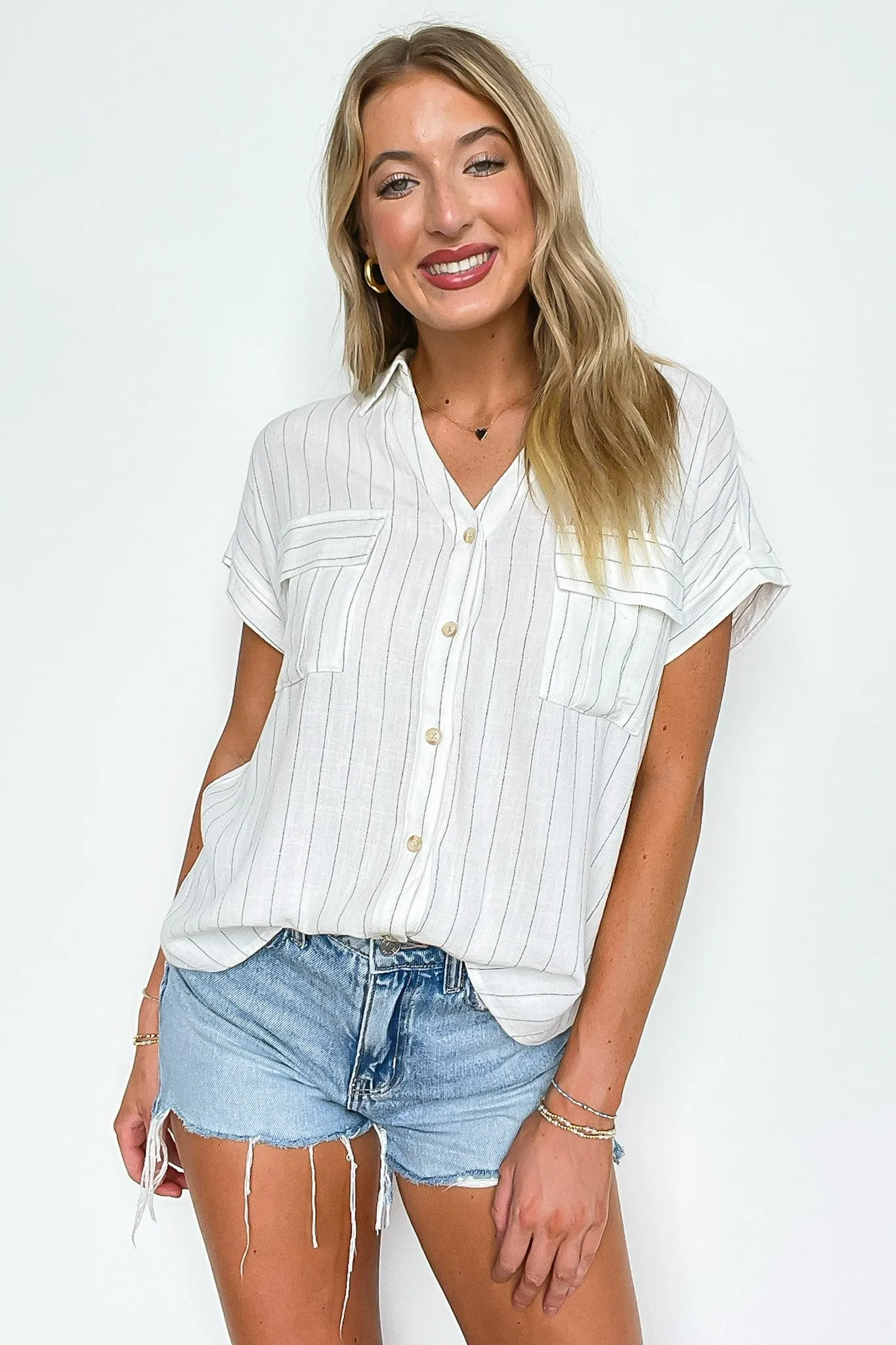 Sorry I'm Booked Pinstripe Dolman V-Neck Top