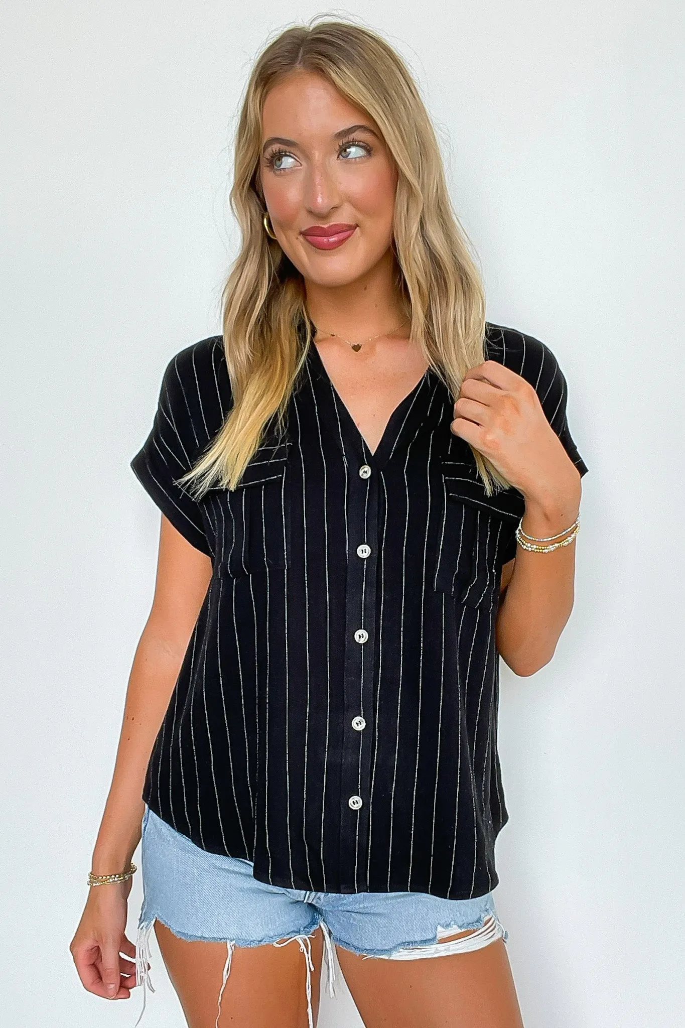 Sorry I'm Booked Pinstripe Dolman V-Neck Top