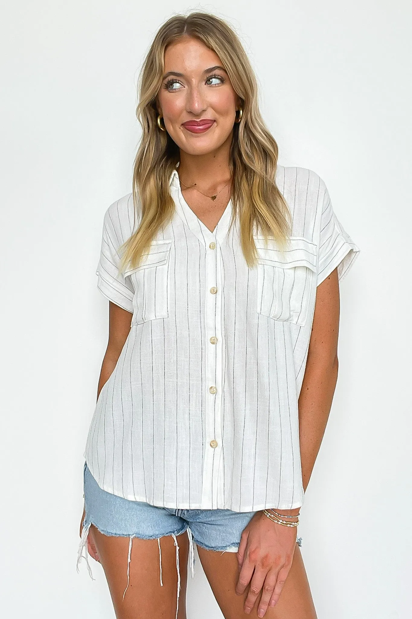 Sorry I'm Booked Pinstripe Dolman V-Neck Top
