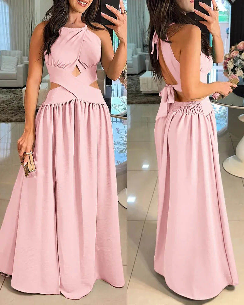 Summer Halter Sleeveless Tied Detail Criss Cross Flared Dress Anna Kay Co
