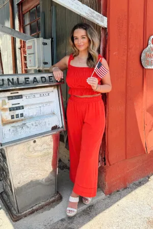Sunset Sangria Elastic Waist Ruffle Ankle Pants