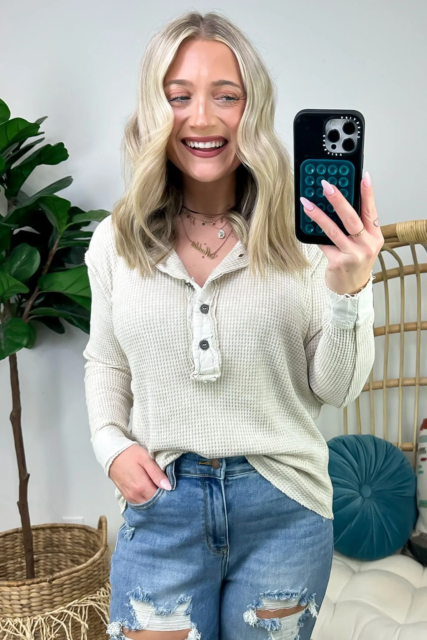 Tova Mineral Wash Waffle Knit Henley Top - FINAL SALE