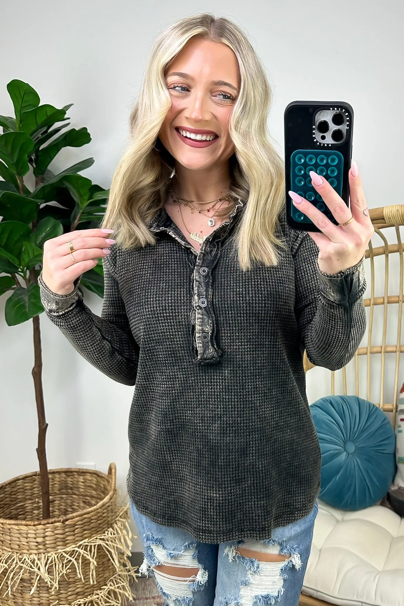 Tova Mineral Wash Waffle Knit Henley Top - FINAL SALE