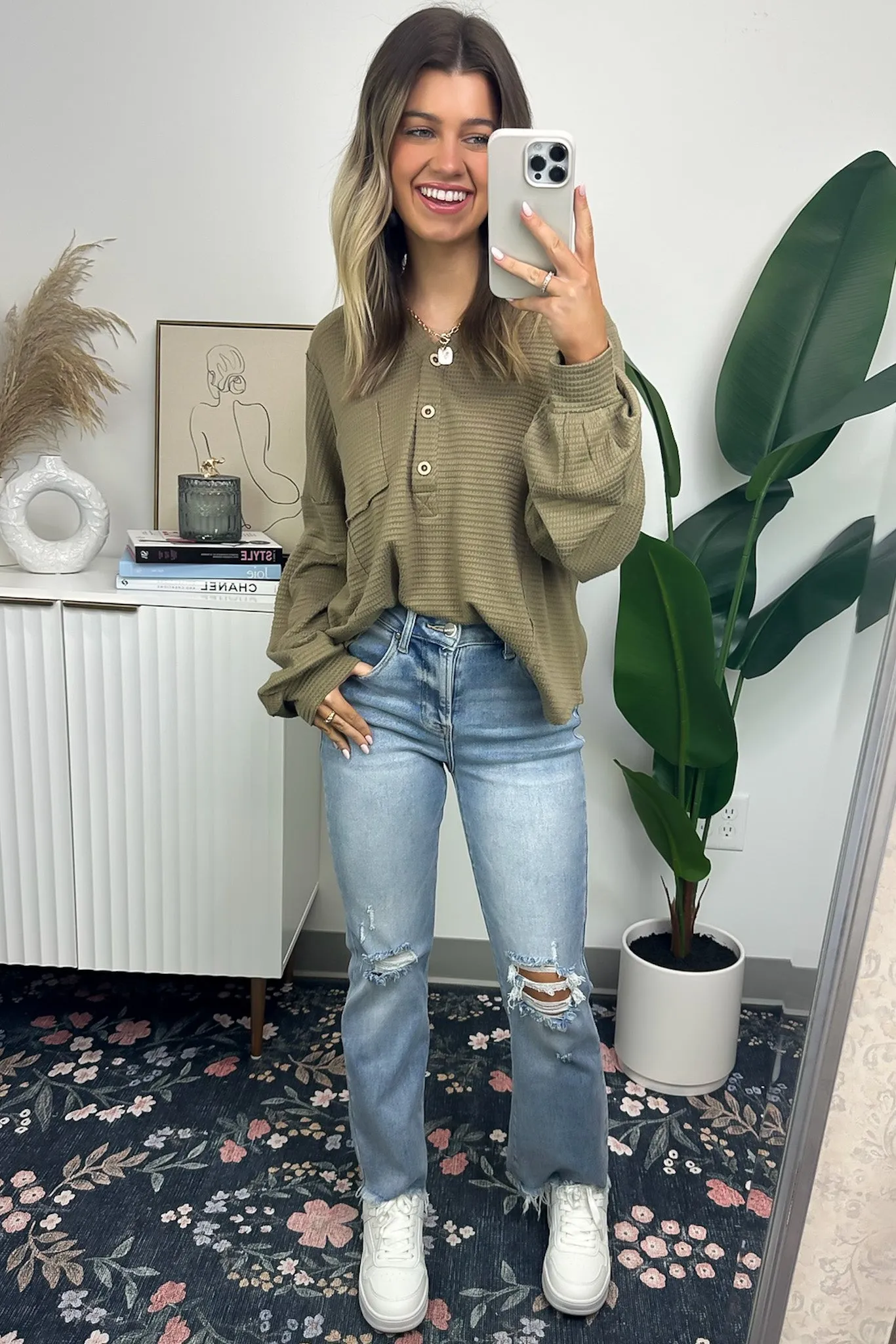 Vaneza Raw Edge Detail Hooded Knit Henley Top - FINAL SALE