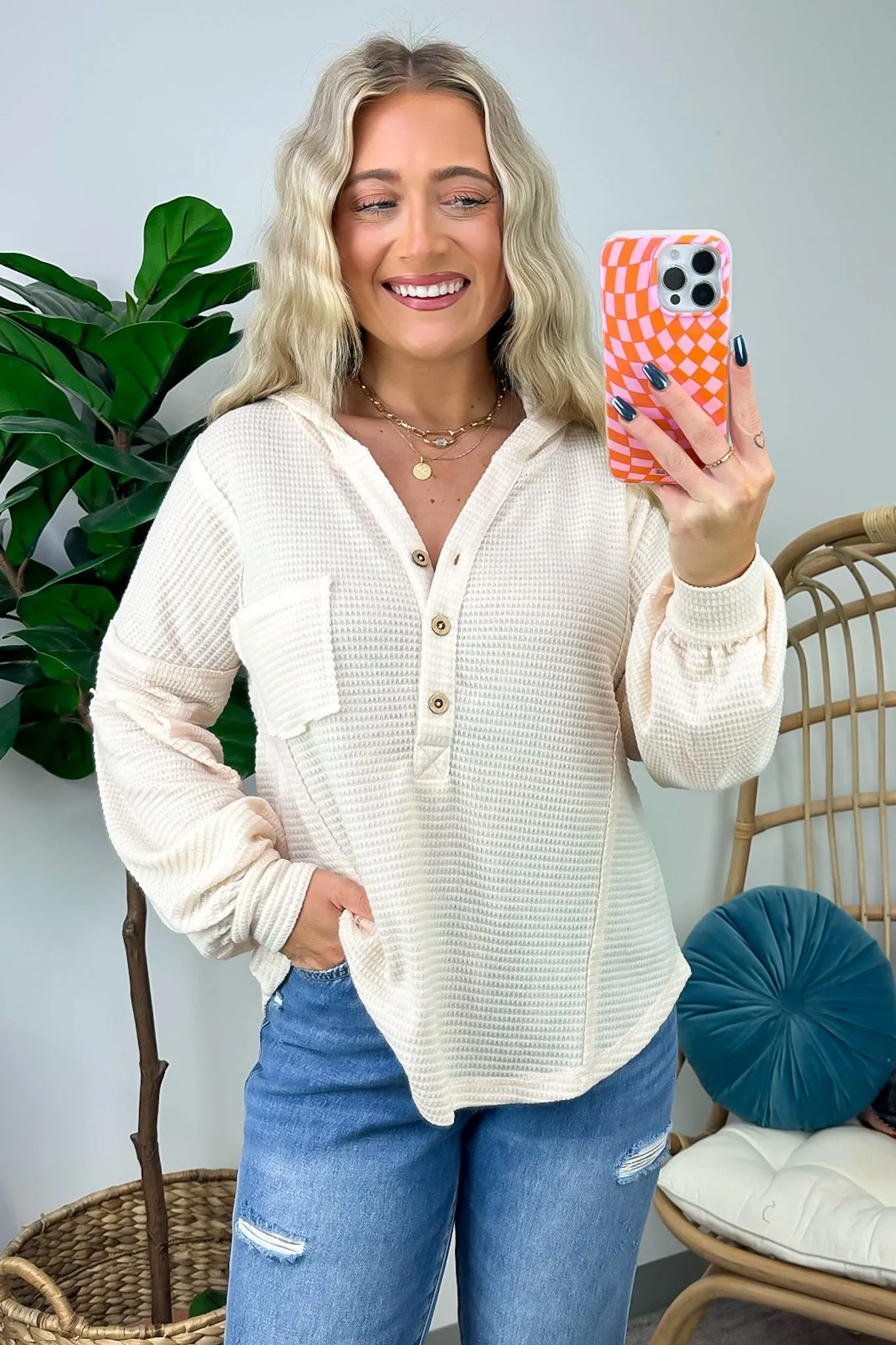 Vaneza Raw Edge Detail Hooded Knit Henley Top - FINAL SALE