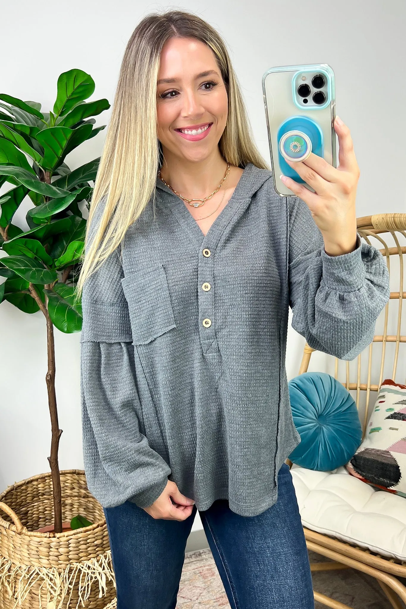 Vaneza Raw Edge Detail Hooded Knit Henley Top - FINAL SALE