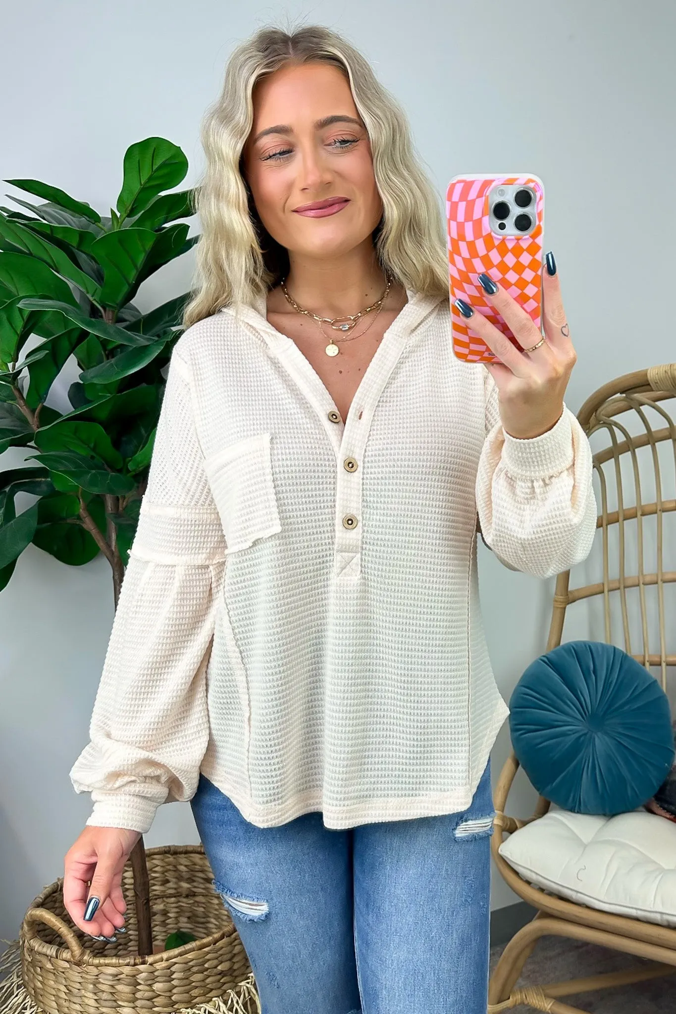 Vaneza Raw Edge Detail Hooded Knit Henley Top - FINAL SALE