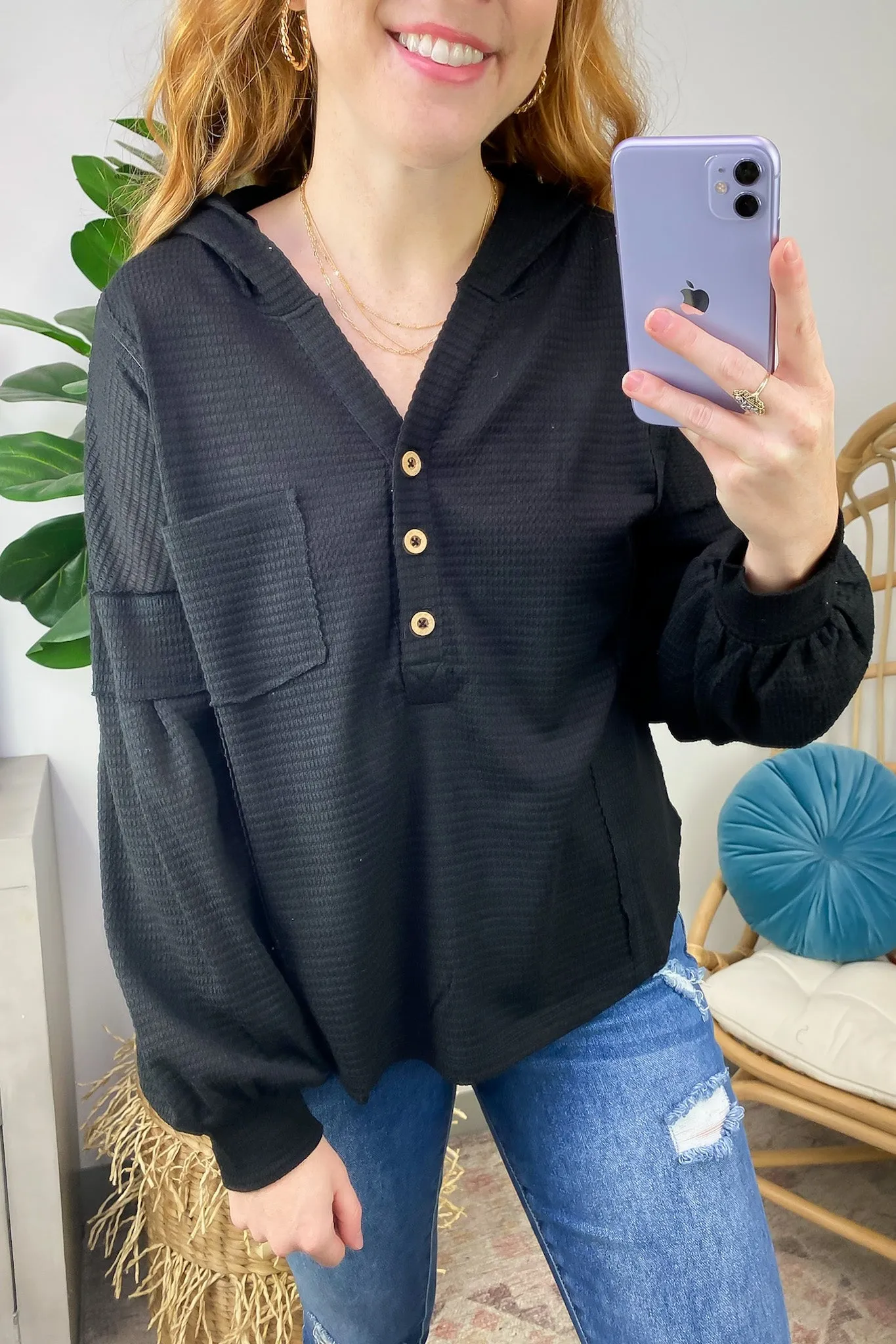 Vaneza Raw Edge Detail Hooded Knit Henley Top - FINAL SALE