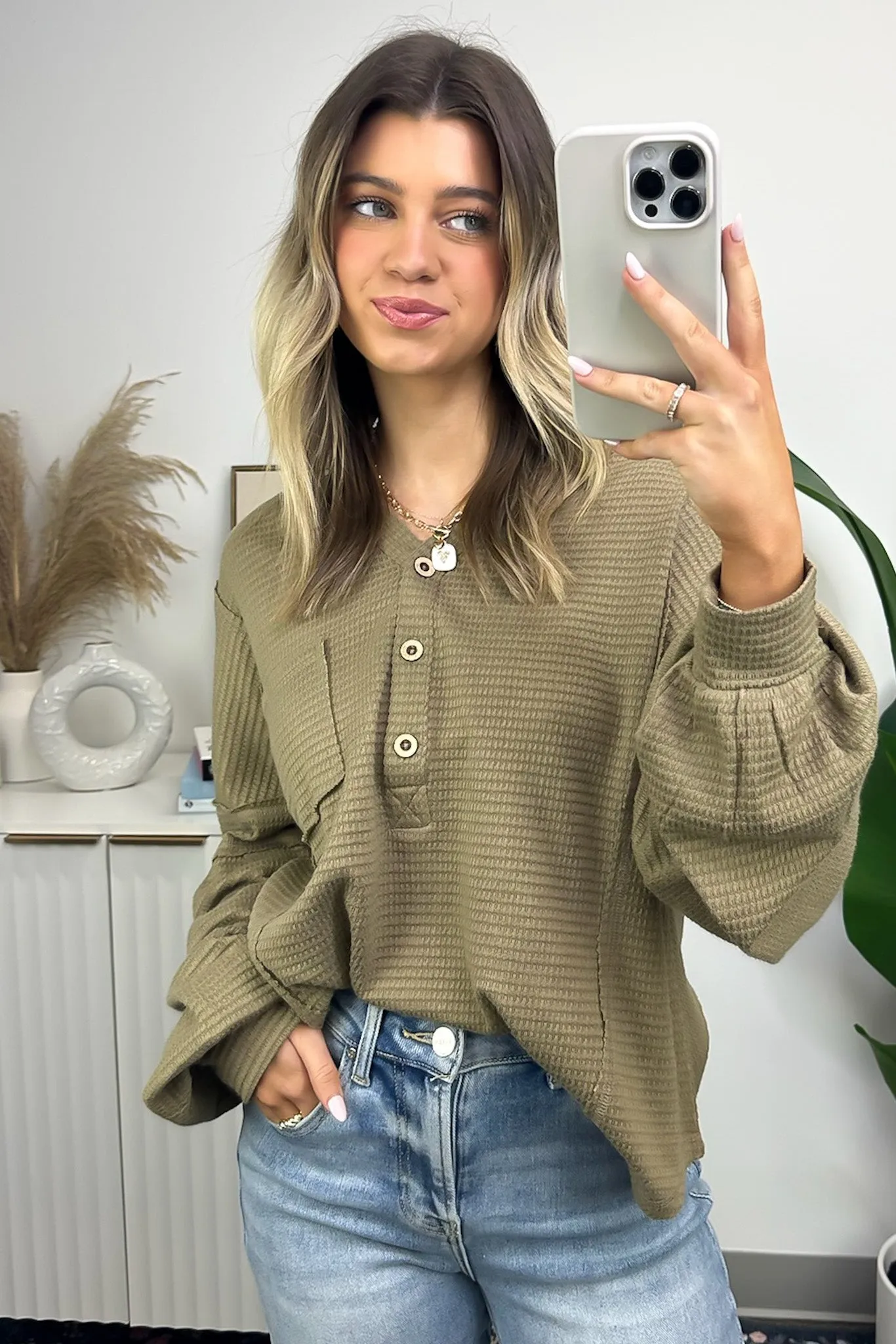 Vaneza Raw Edge Detail Hooded Knit Henley Top - FINAL SALE