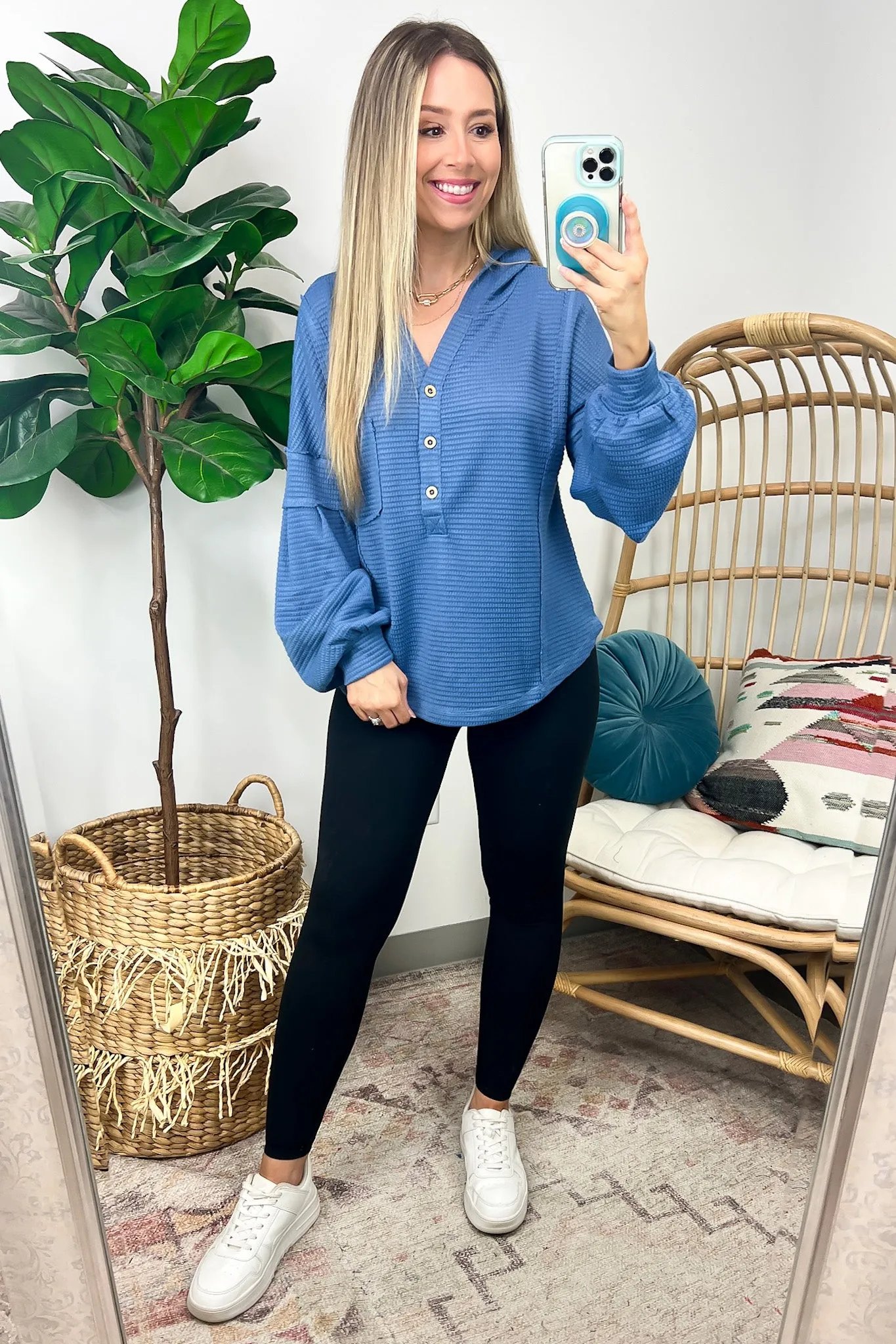 Vaneza Raw Edge Detail Hooded Knit Henley Top - FINAL SALE