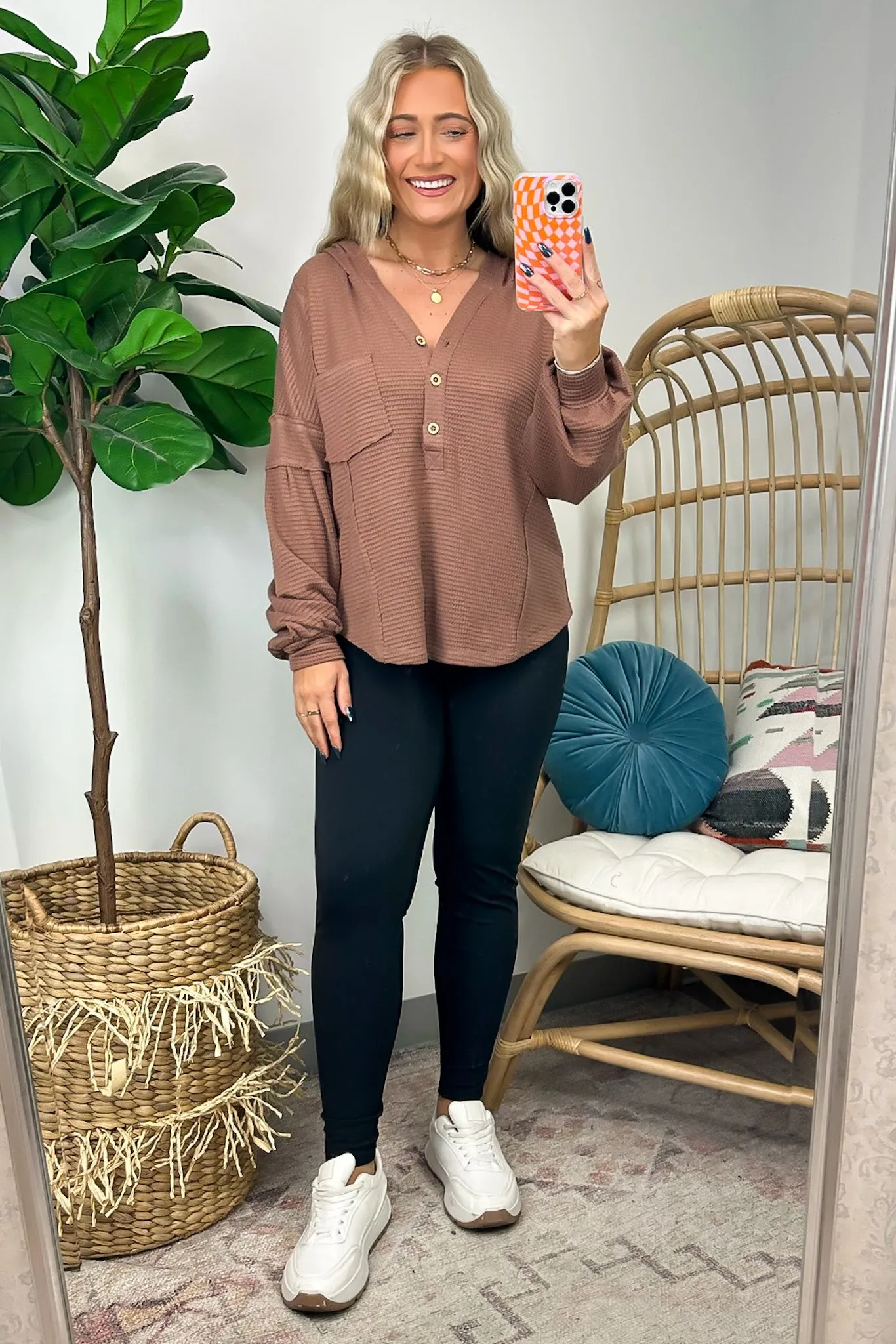 Vaneza Raw Edge Detail Hooded Knit Henley Top - FINAL SALE