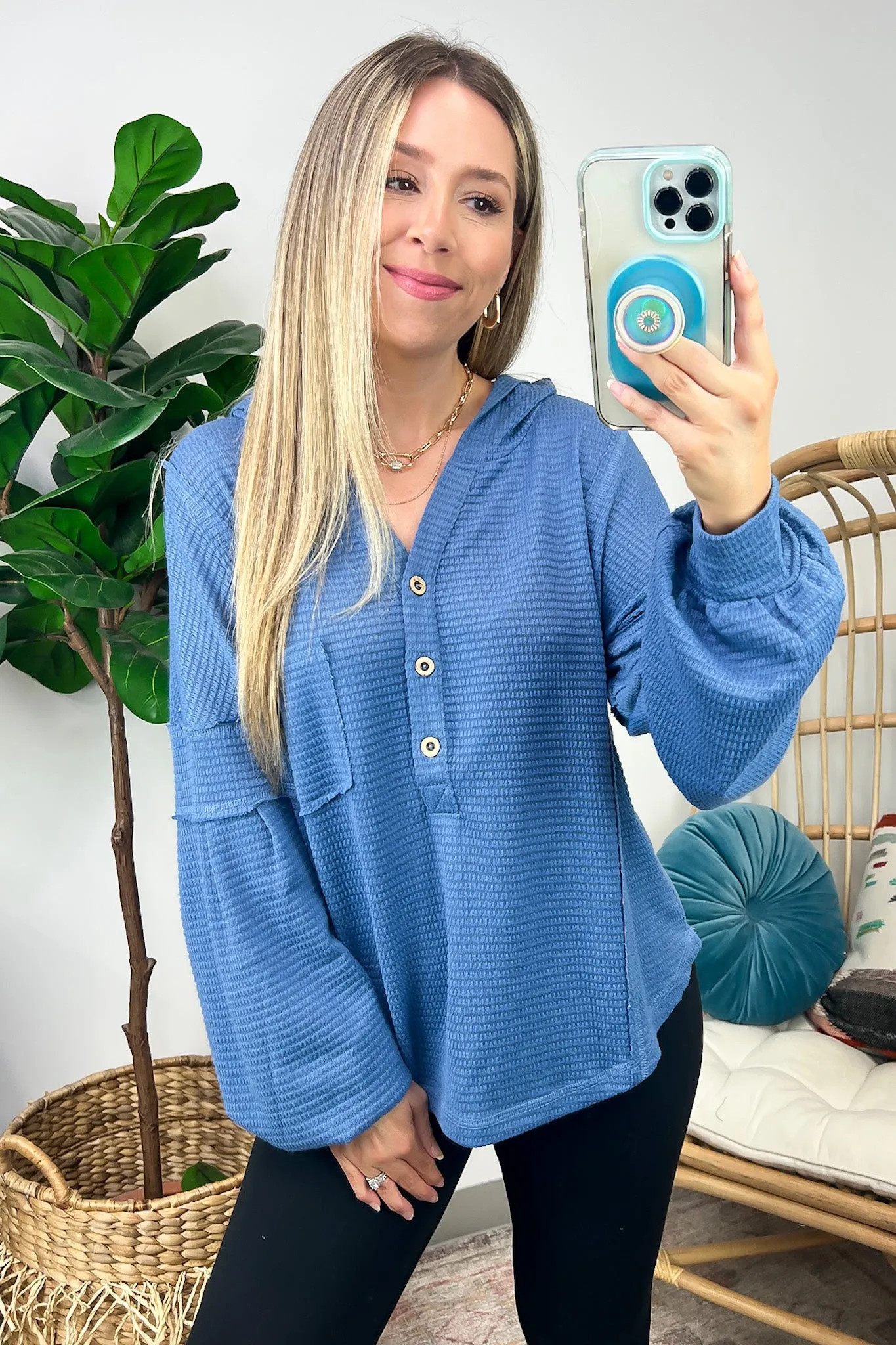 Vaneza Raw Edge Detail Hooded Knit Henley Top - FINAL SALE