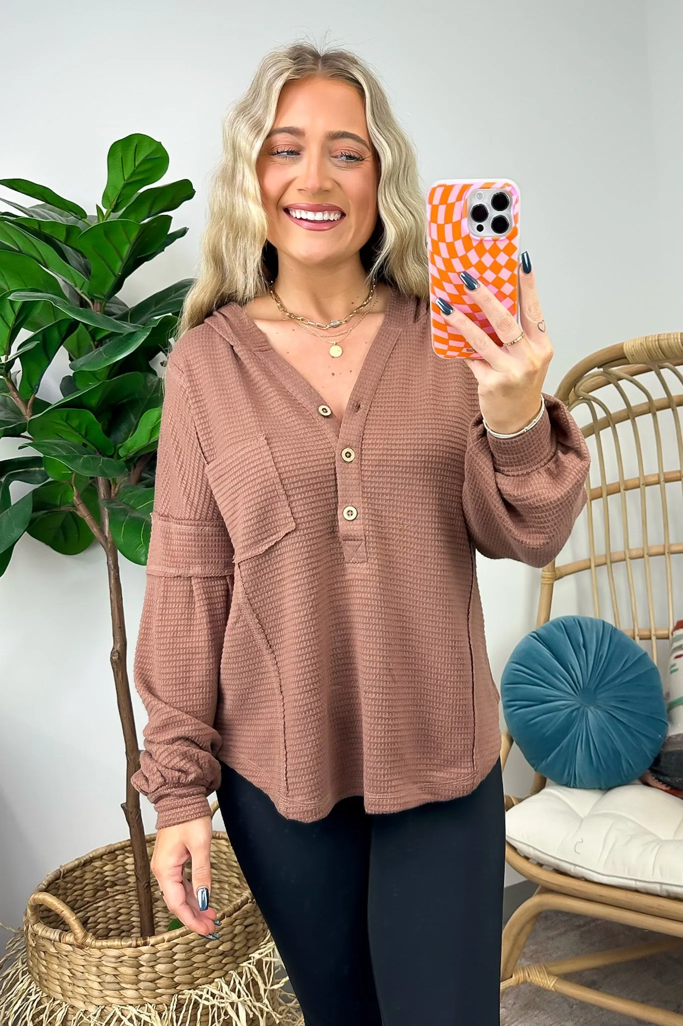 Vaneza Raw Edge Detail Hooded Knit Henley Top - FINAL SALE