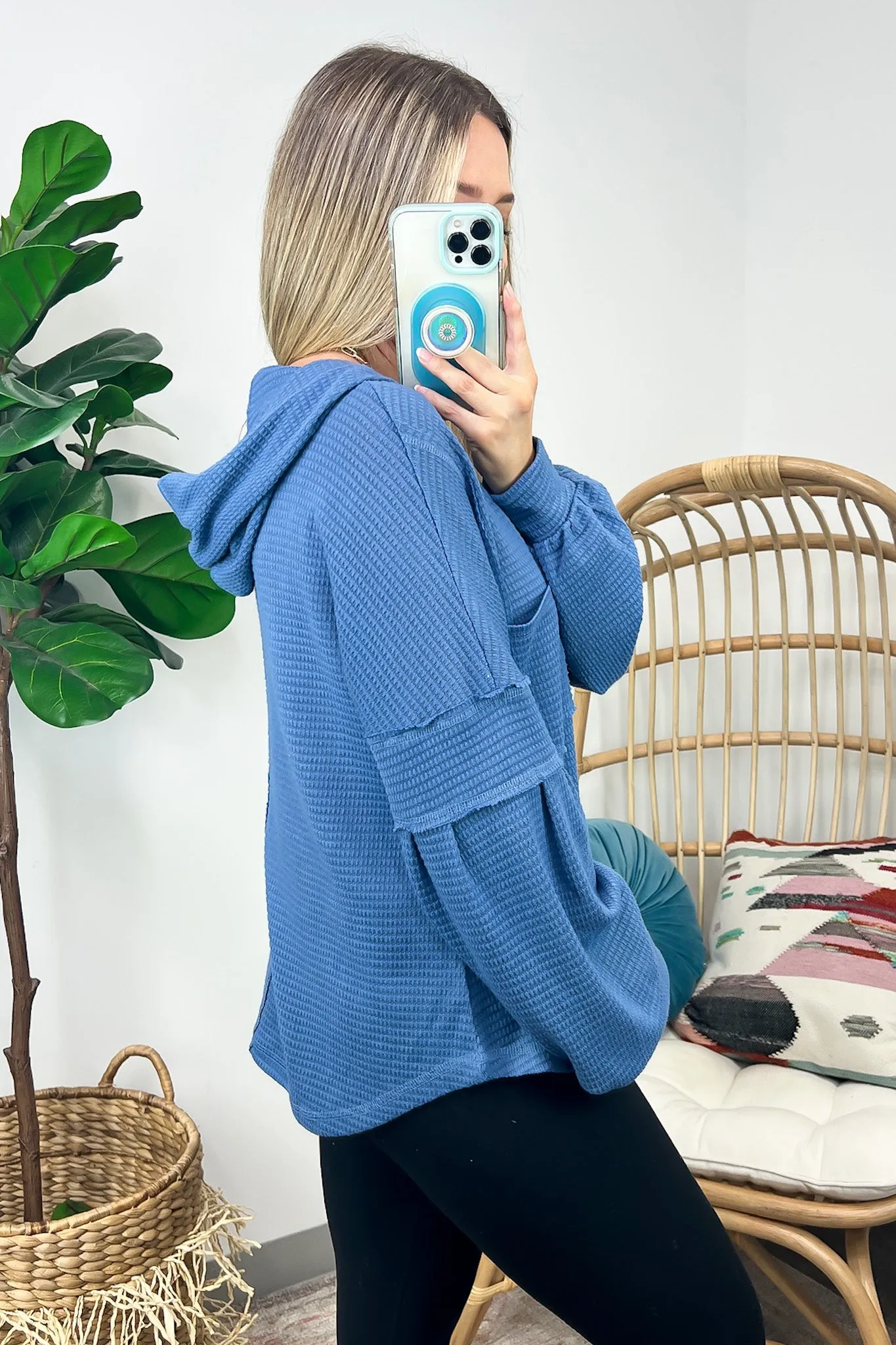 Vaneza Raw Edge Detail Hooded Knit Henley Top - FINAL SALE