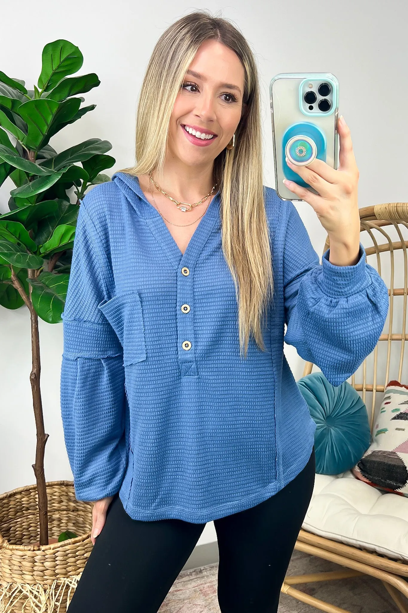Vaneza Raw Edge Detail Hooded Knit Henley Top - FINAL SALE