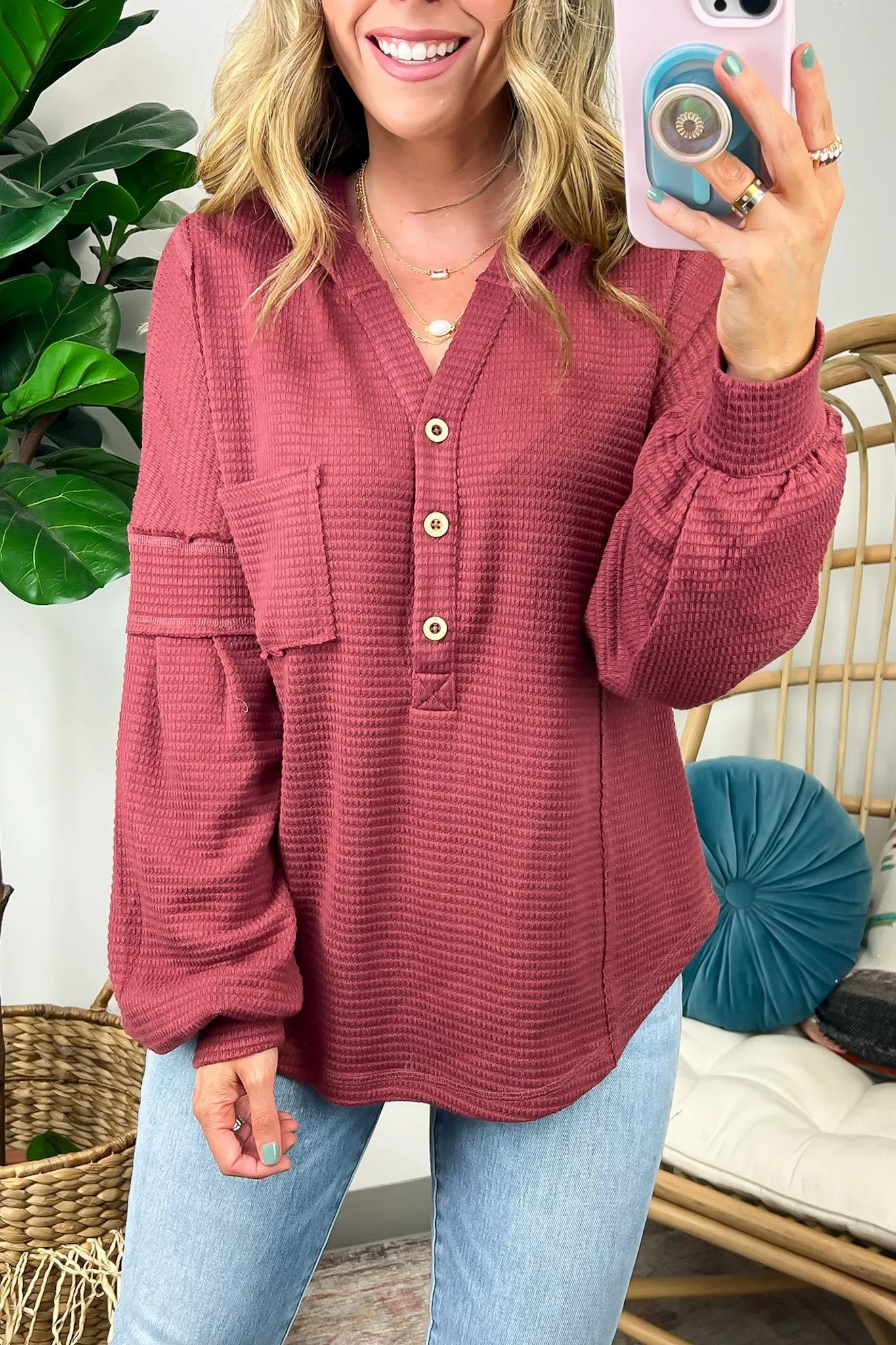 Vaneza Raw Edge Detail Hooded Knit Henley Top - FINAL SALE