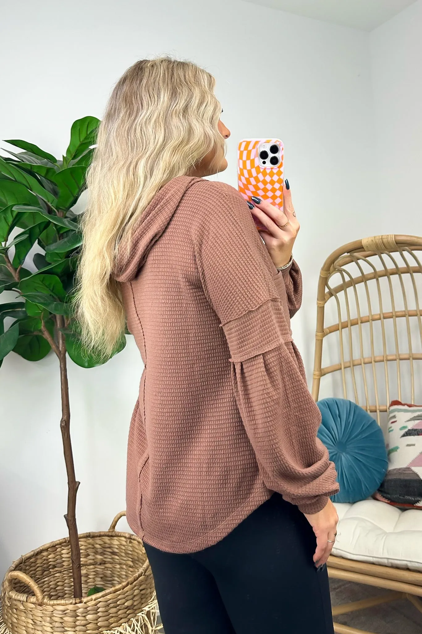 Vaneza Raw Edge Detail Hooded Knit Henley Top - FINAL SALE