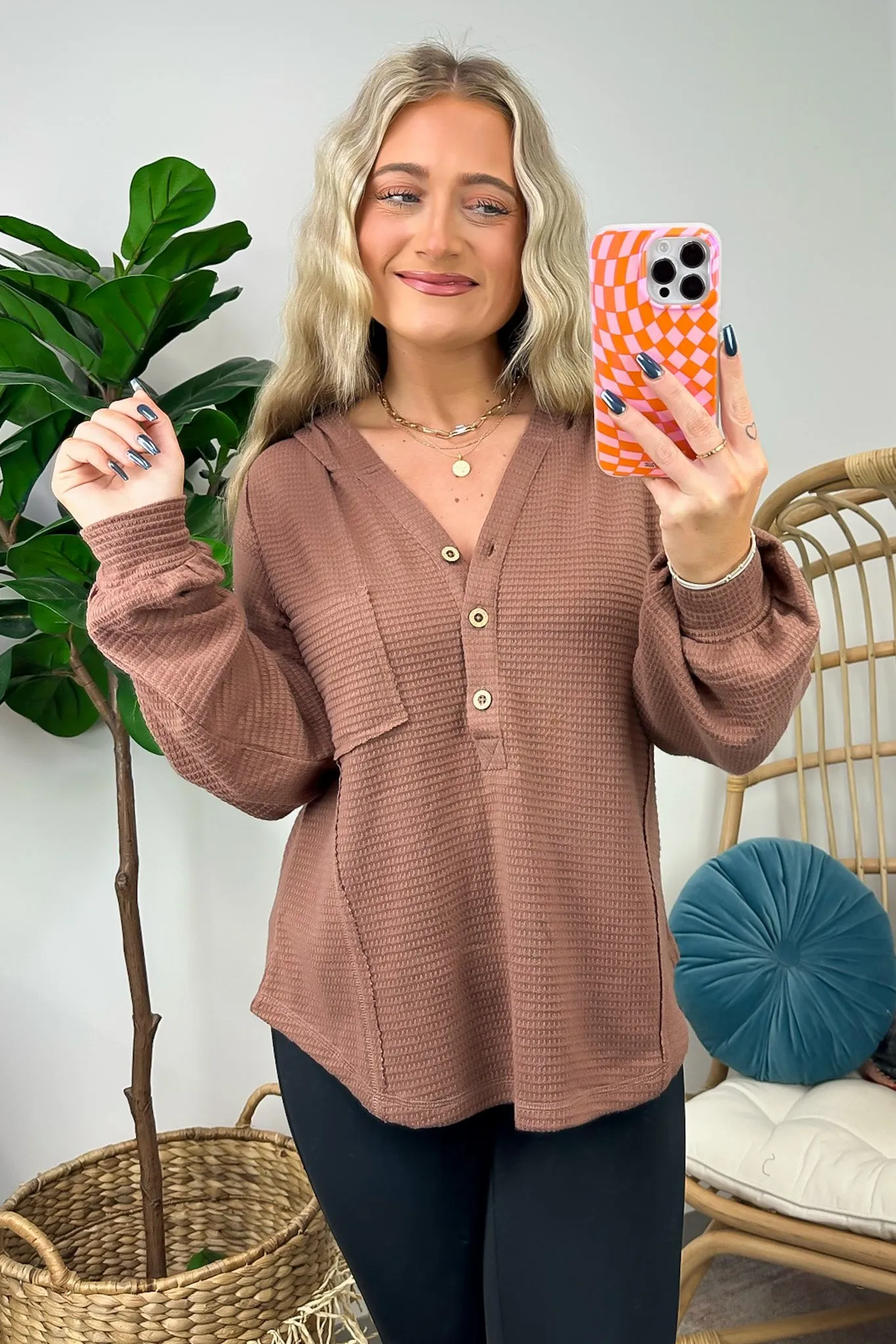 Vaneza Raw Edge Detail Hooded Knit Henley Top - FINAL SALE