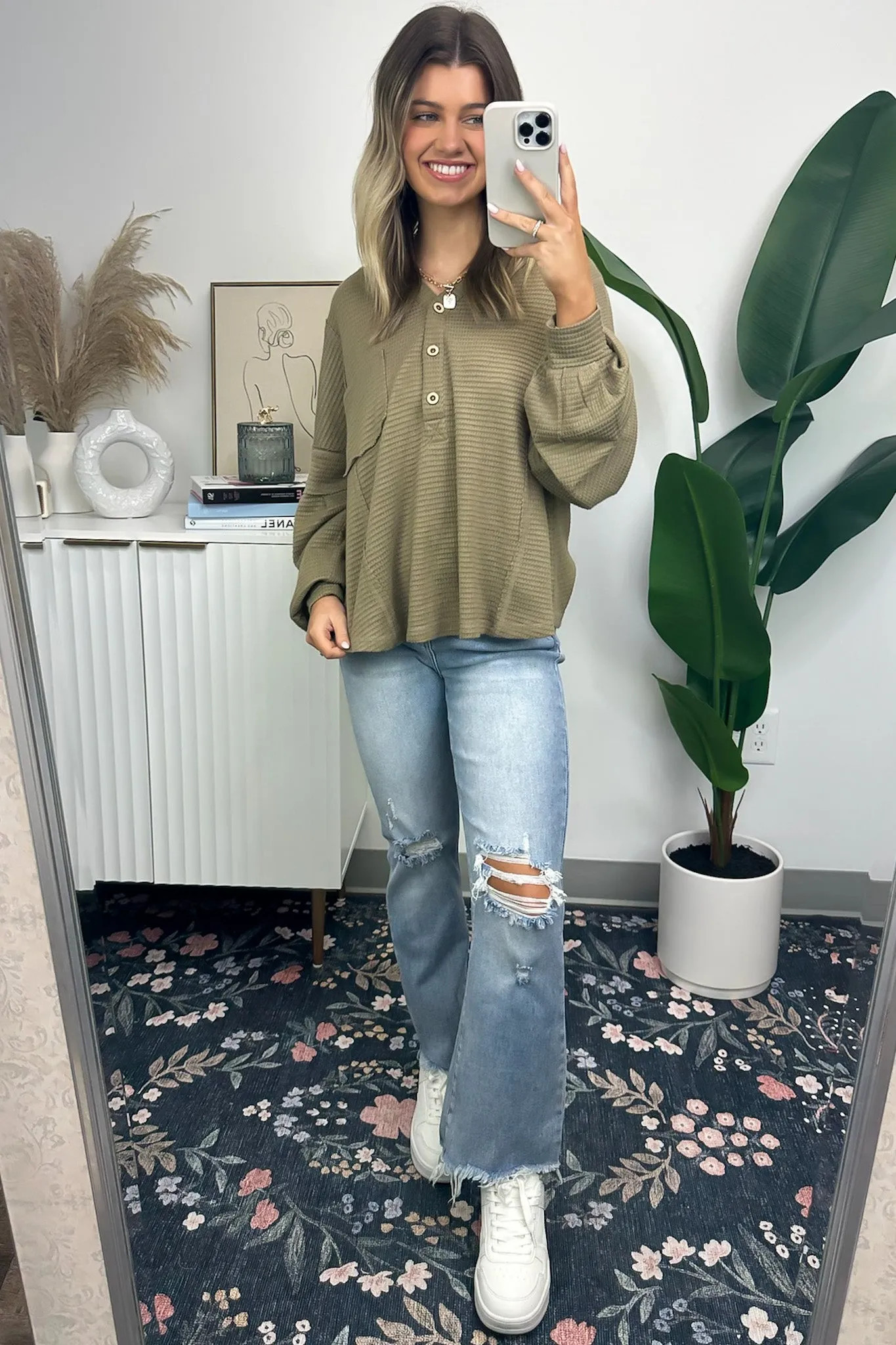 Vaneza Raw Edge Detail Hooded Knit Henley Top - FINAL SALE
