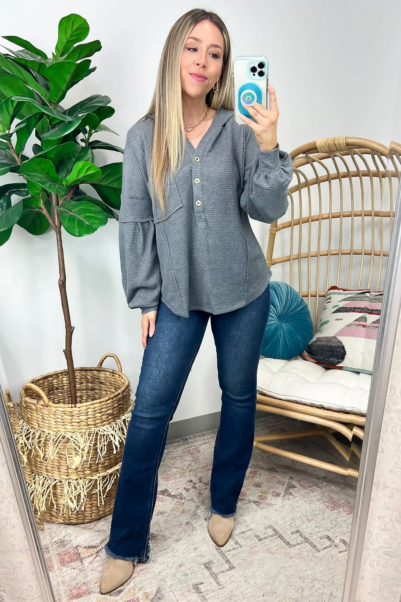 Vaneza Raw Edge Detail Hooded Knit Henley Top - FINAL SALE