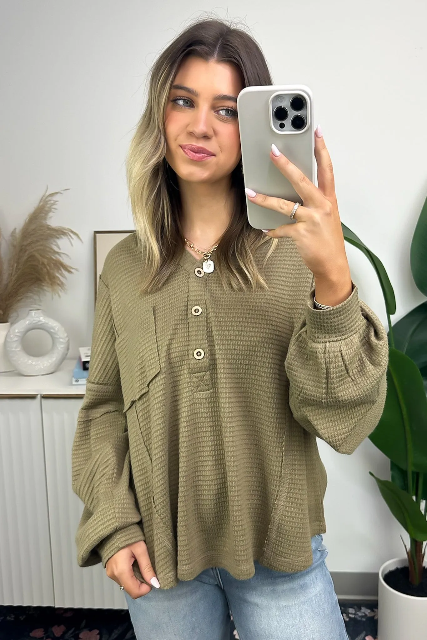 Vaneza Raw Edge Detail Hooded Knit Henley Top - FINAL SALE