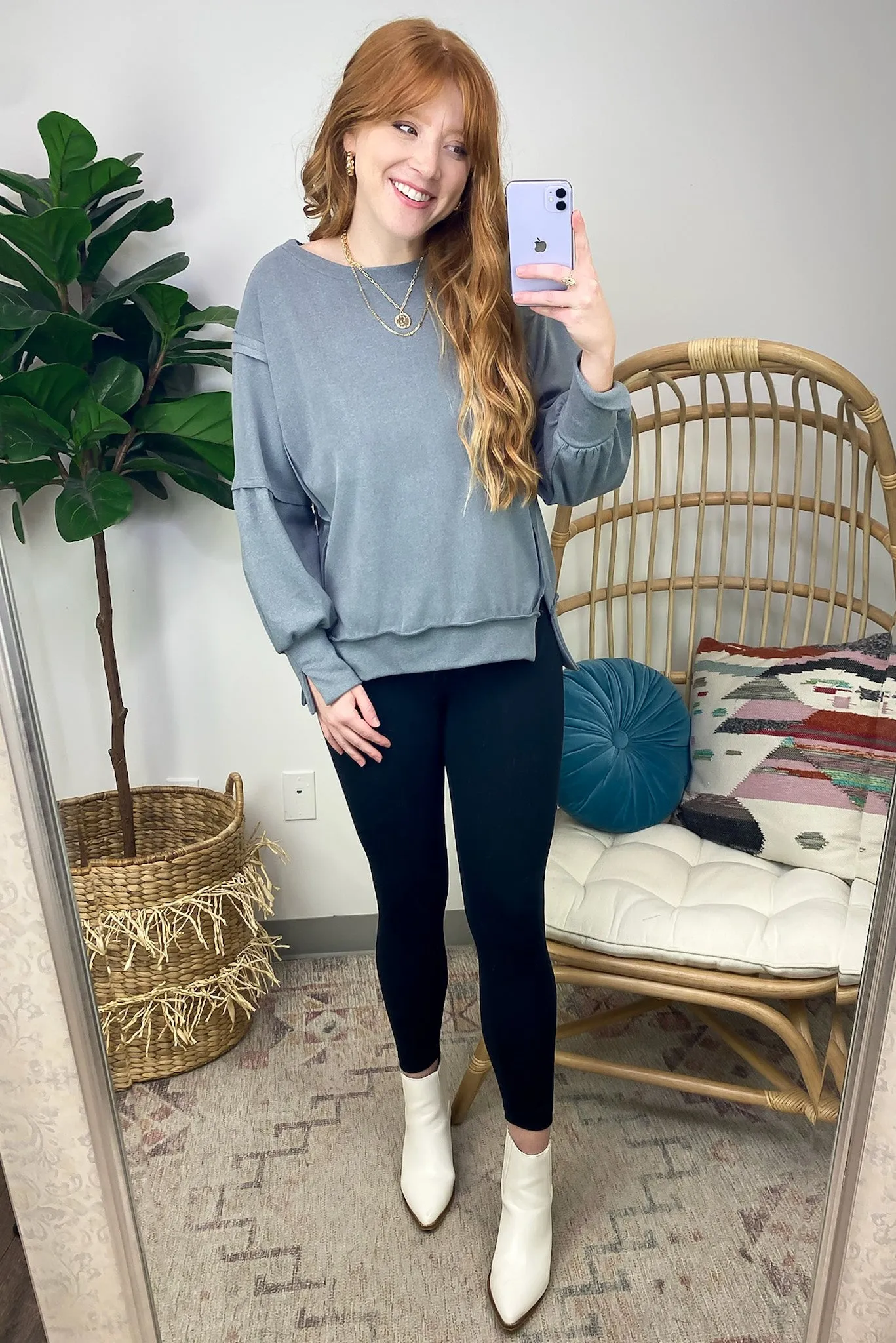Velia Side Slit Raw Edge Relaxed Pullover - FINAL SALE
