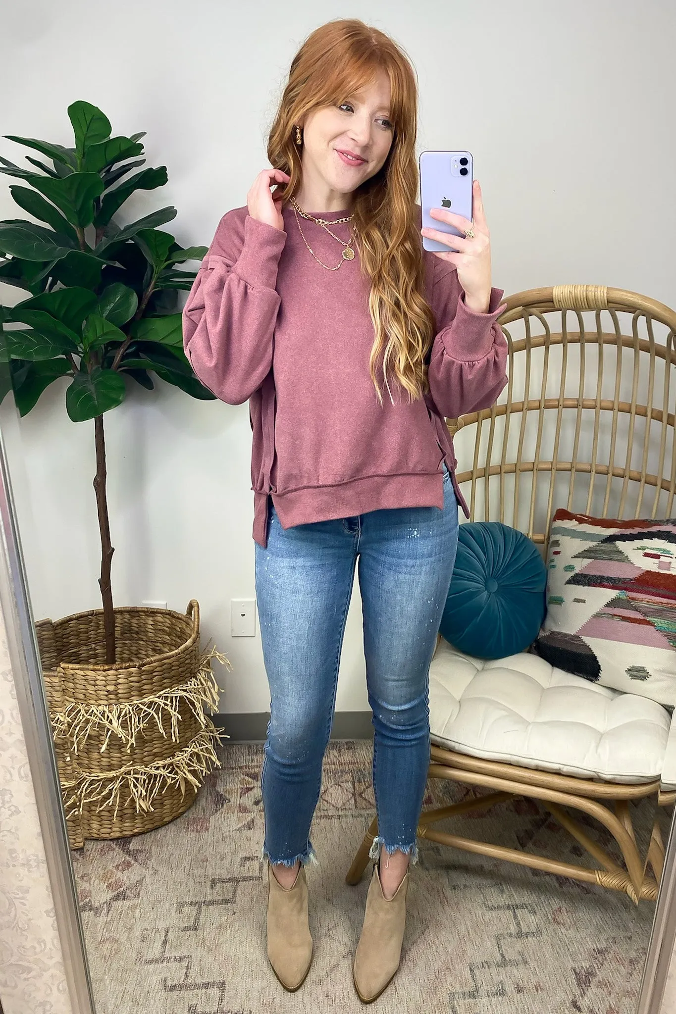 Velia Side Slit Raw Edge Relaxed Pullover - FINAL SALE