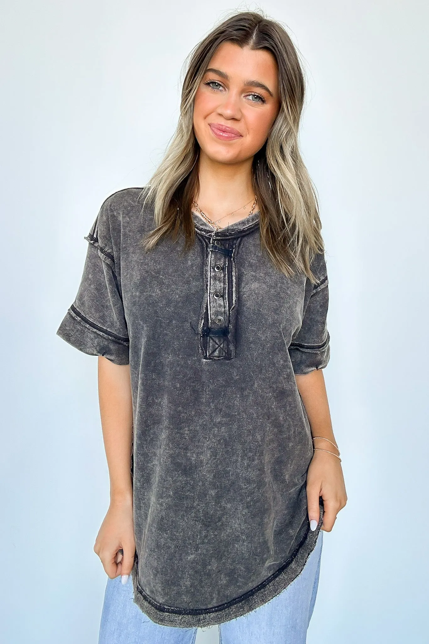 Verity Raw Edge Henley Button Top - BACK IN STOCK