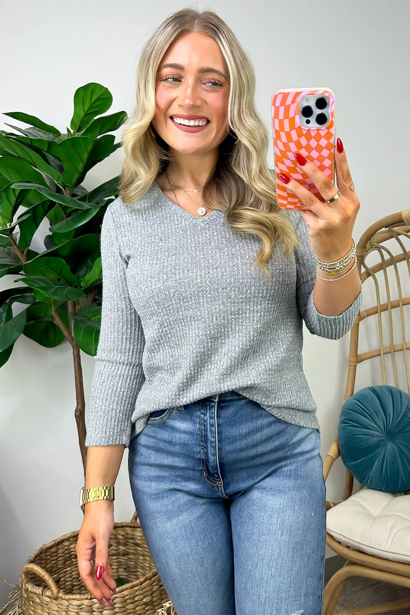 Warmest Wishes Waffle Knit V-Neck Top - FINAL SALE