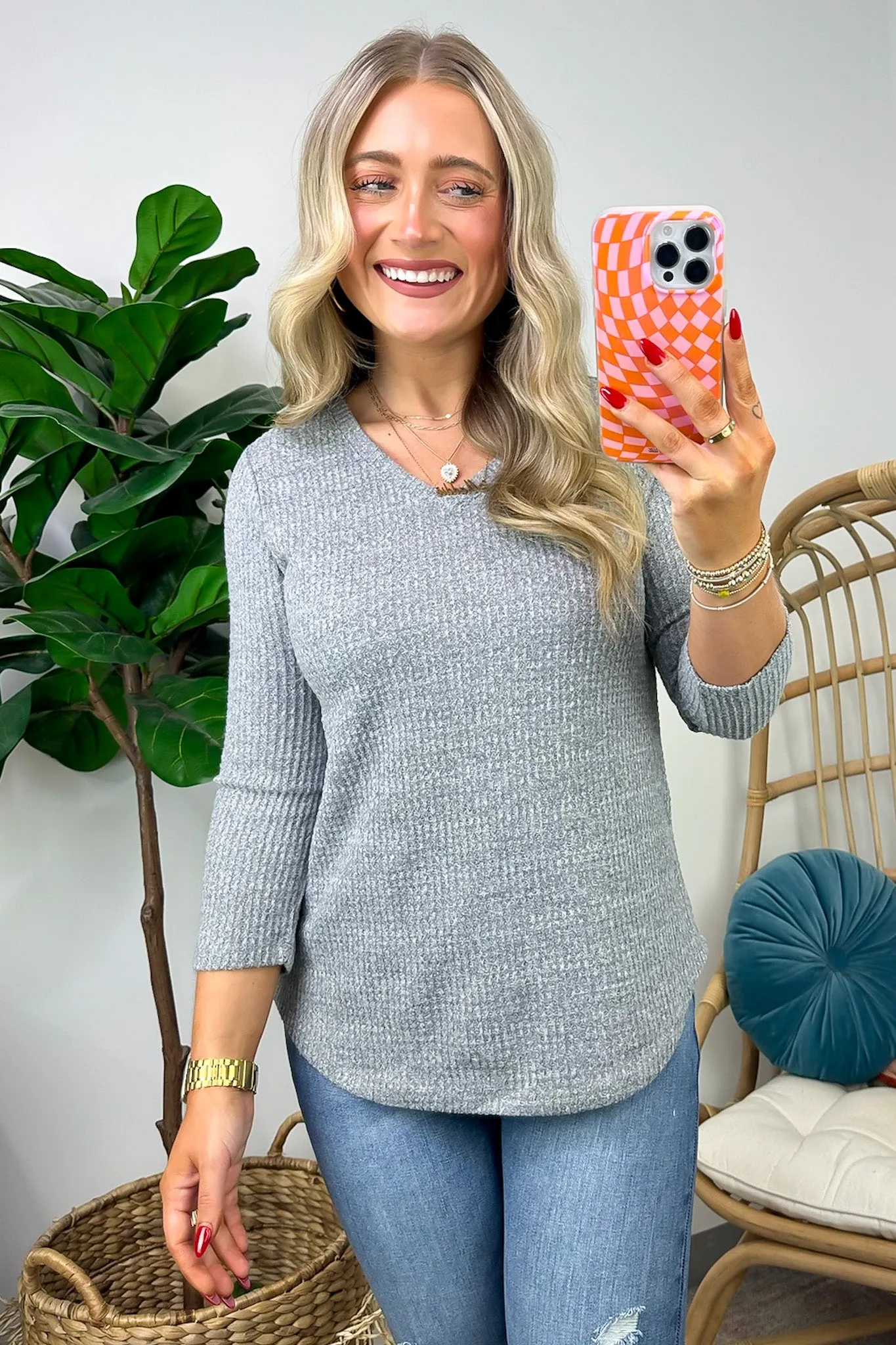Warmest Wishes Waffle Knit V-Neck Top - FINAL SALE