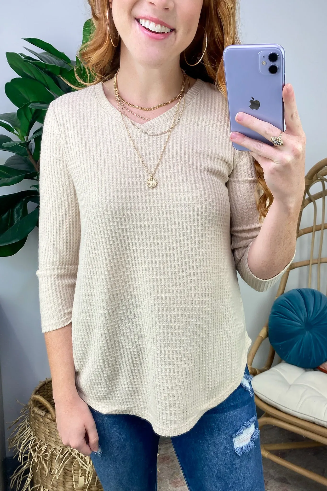 Warmest Wishes Waffle Knit V-Neck Top - FINAL SALE