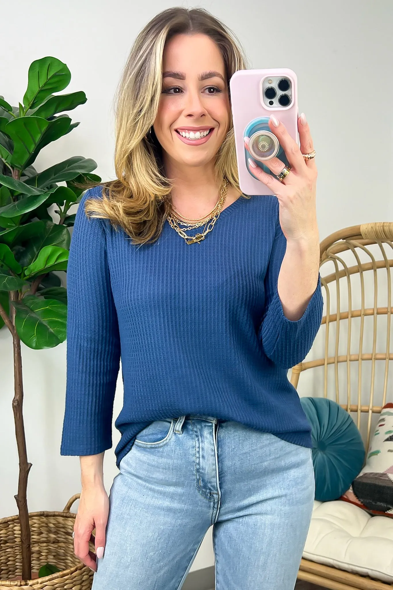 Warmest Wishes Waffle Knit V-Neck Top - FINAL SALE