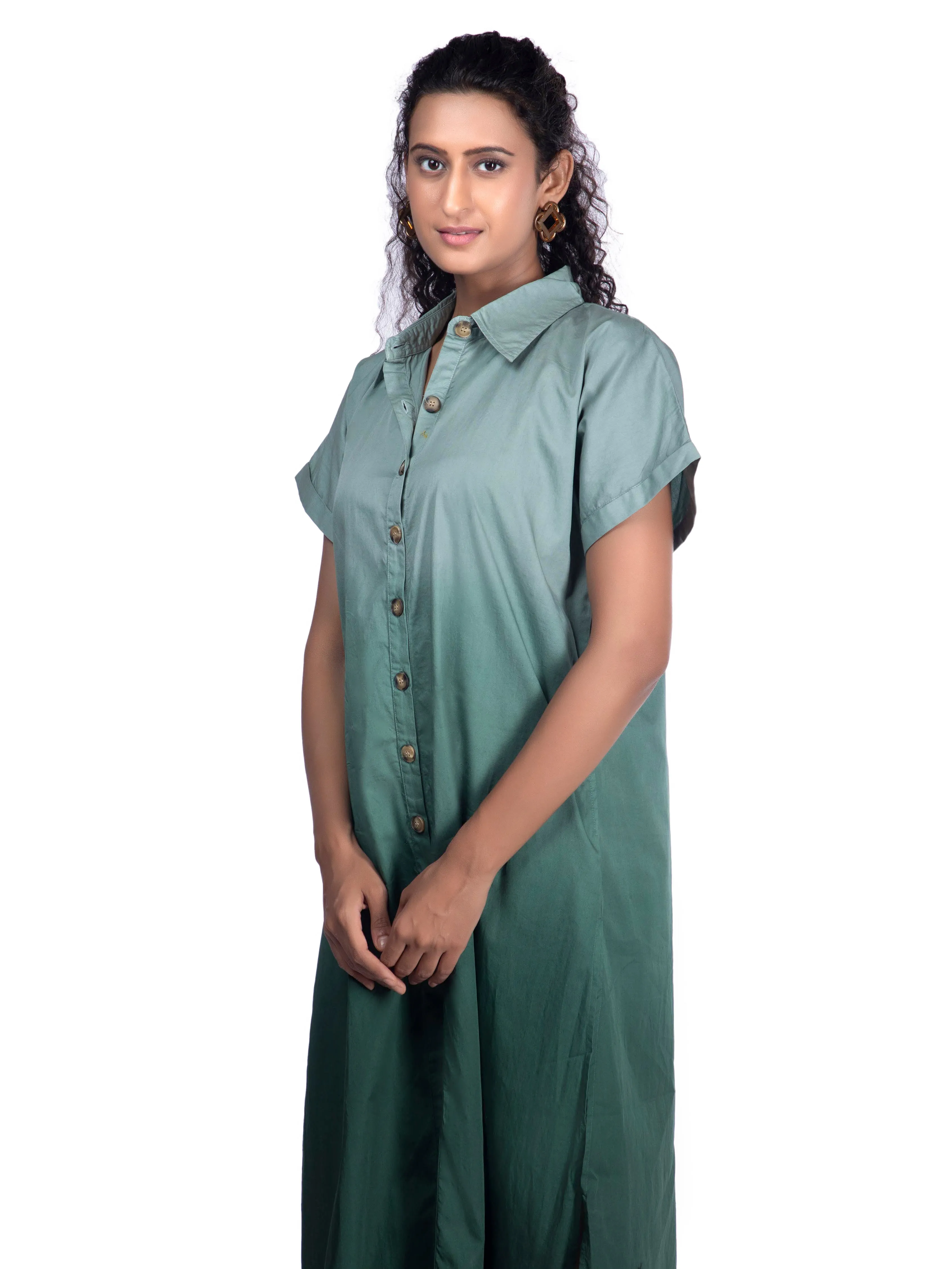 White & Green Dip-Dye Shirt Sundress For Women French Theory
