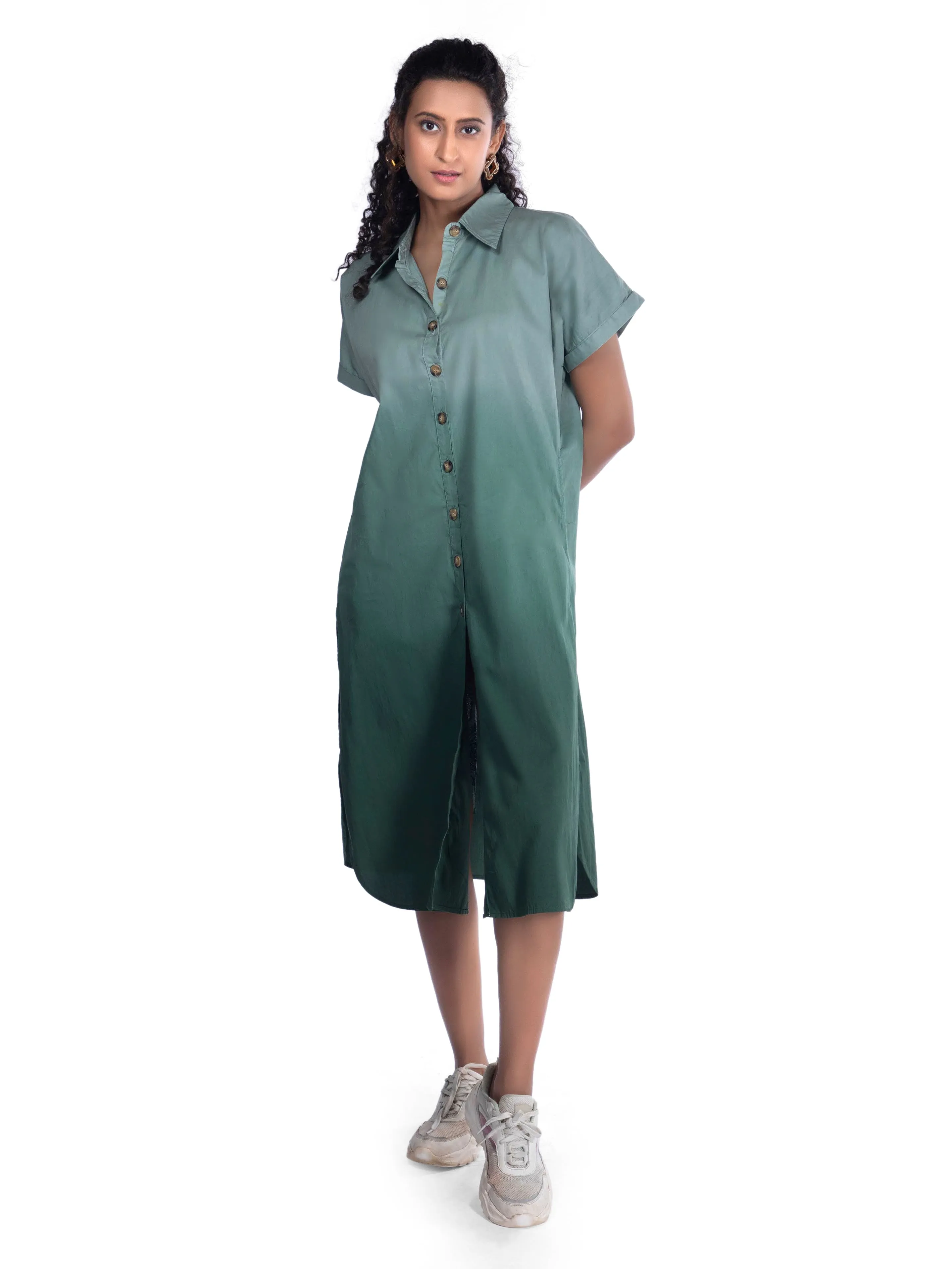 White & Green Dip-Dye Shirt Sundress For Women French Theory