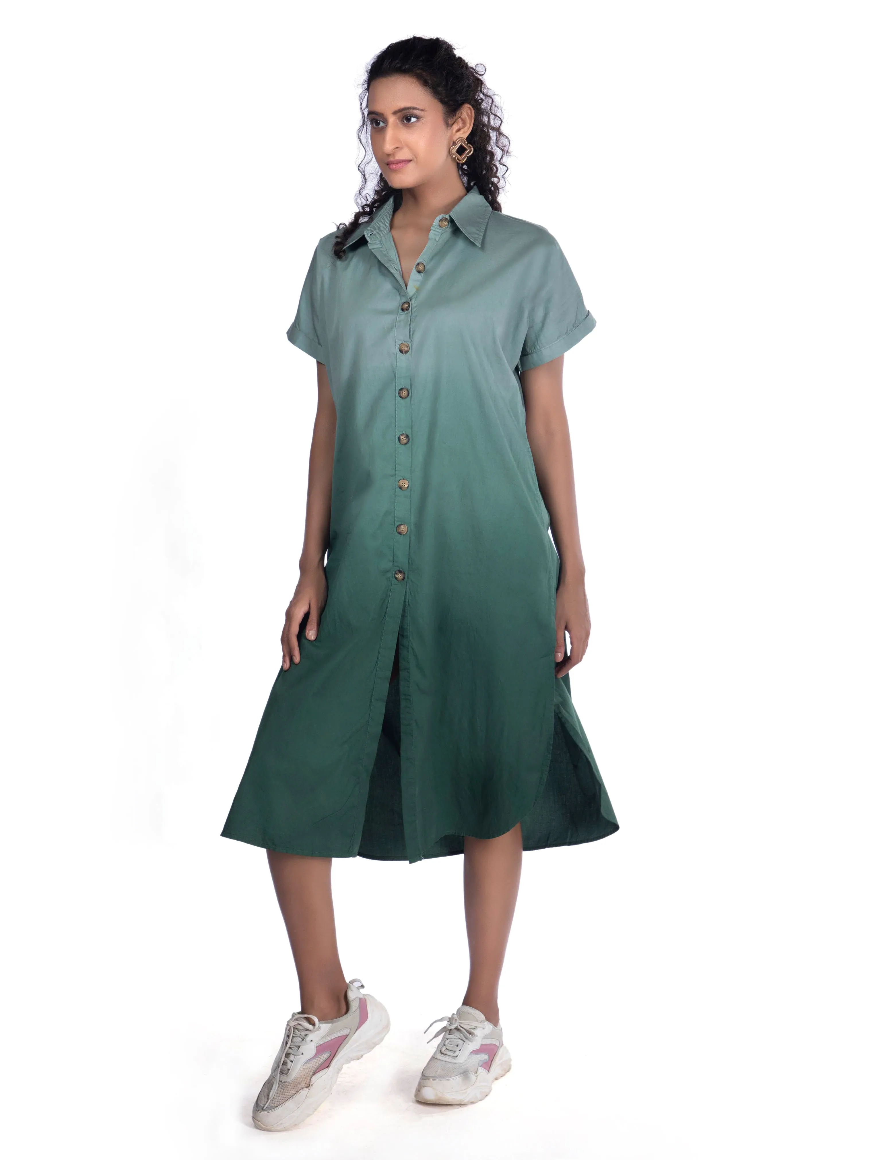 White & Green Dip-Dye Shirt Sundress For Women French Theory