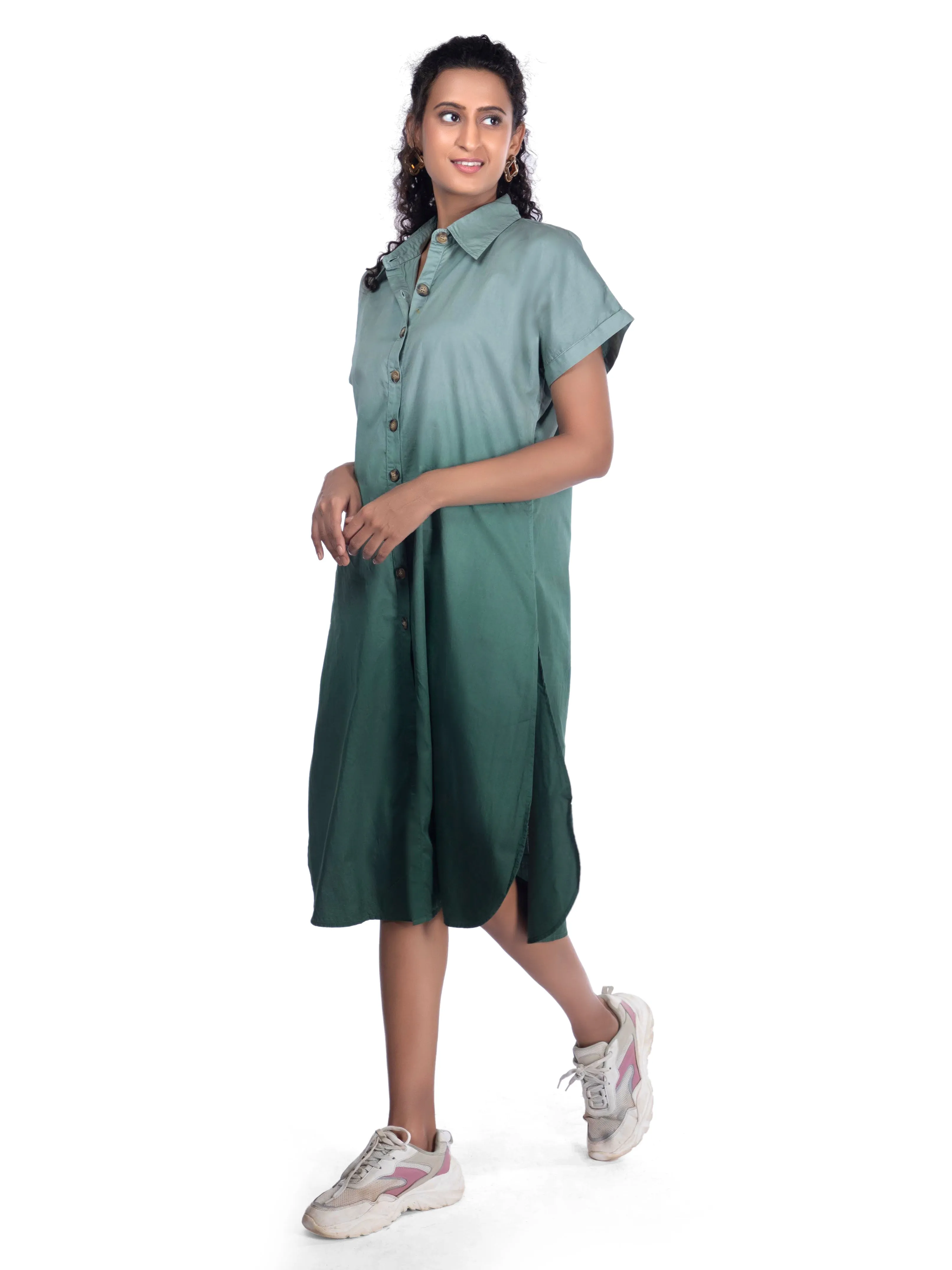 White & Green Dip-Dye Shirt Sundress For Women French Theory