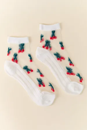 White Sheer Cherry Socks