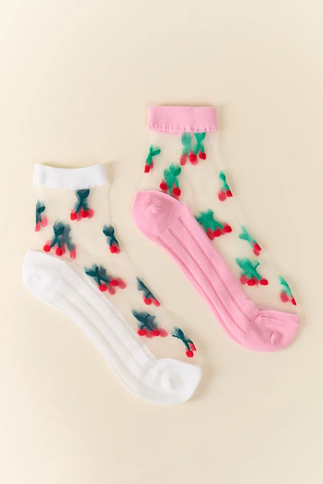 White Sheer Cherry Socks