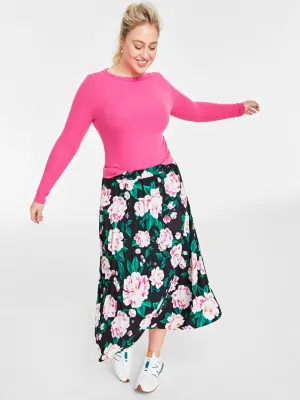 Women's Floral Printed Long Skirt,Black