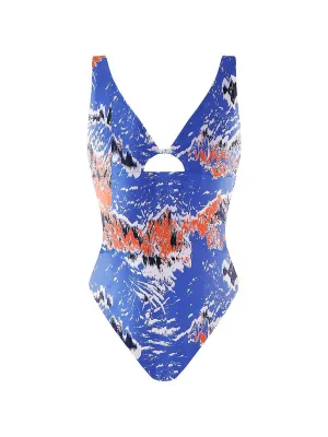 Women's Open Back One Piece Printed  Swimsuit,Orange/Blue