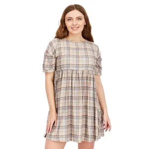 Women's Plaid Smock Mini Dress,Beige