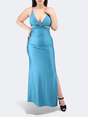 Women's Plunge With Cut Out Detail And Ruching Maxi Satin Dress,Blue