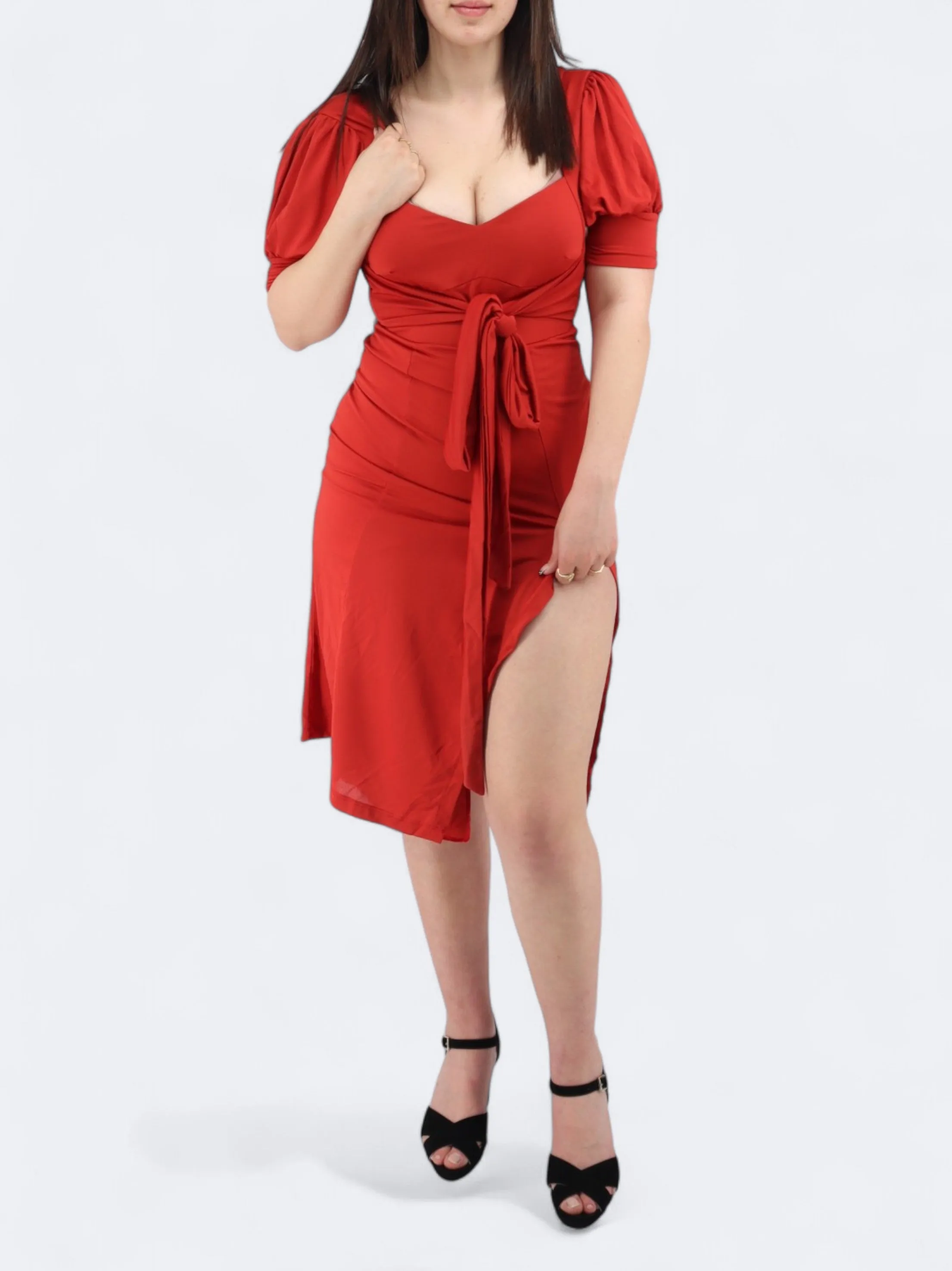 Women's Ruched Front Tie Dress,Red
