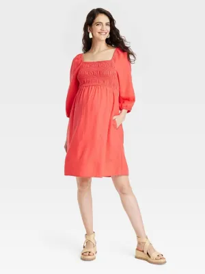 Women's Smocked Maternity Dress,Red